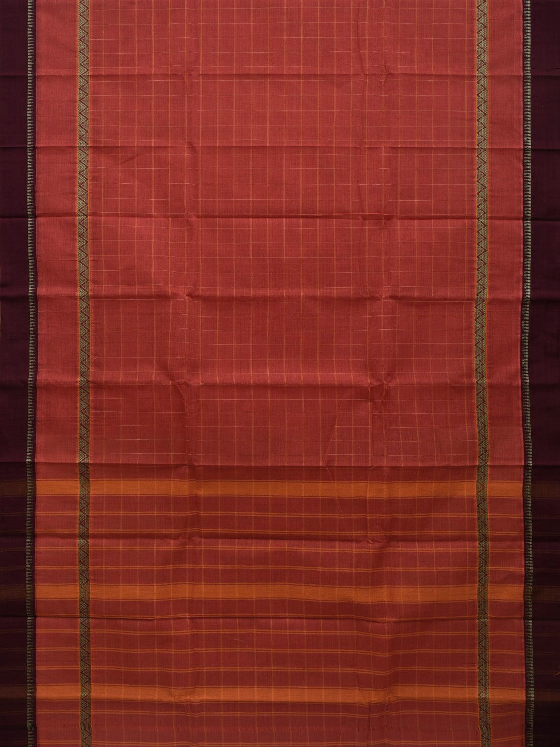 Rust Narayanpet Cotton Handloom Saree with Checks Design No Blouse np0629