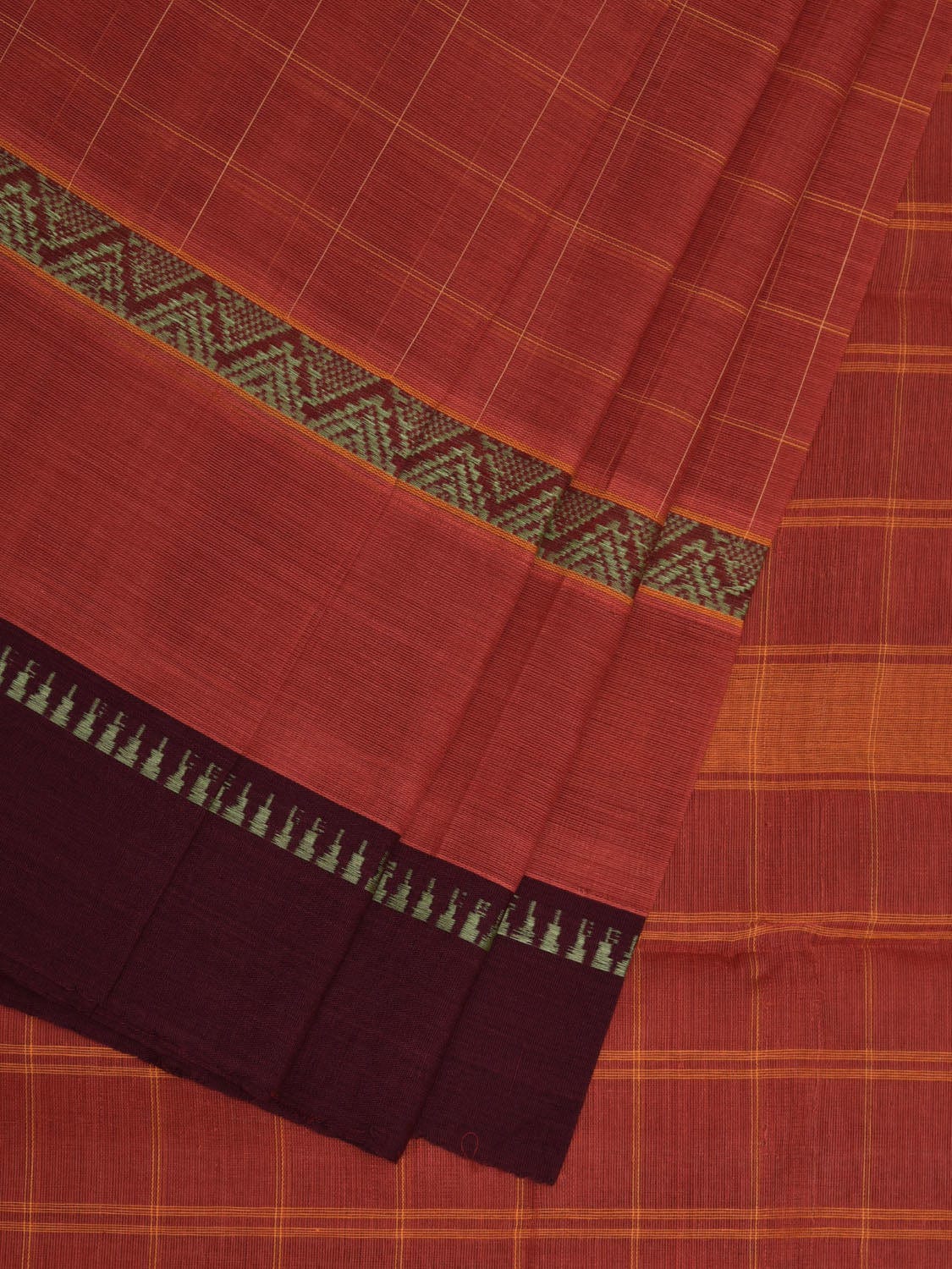 Rust Narayanpet Cotton Handloom Saree with Checks Design No Blouse np0629
