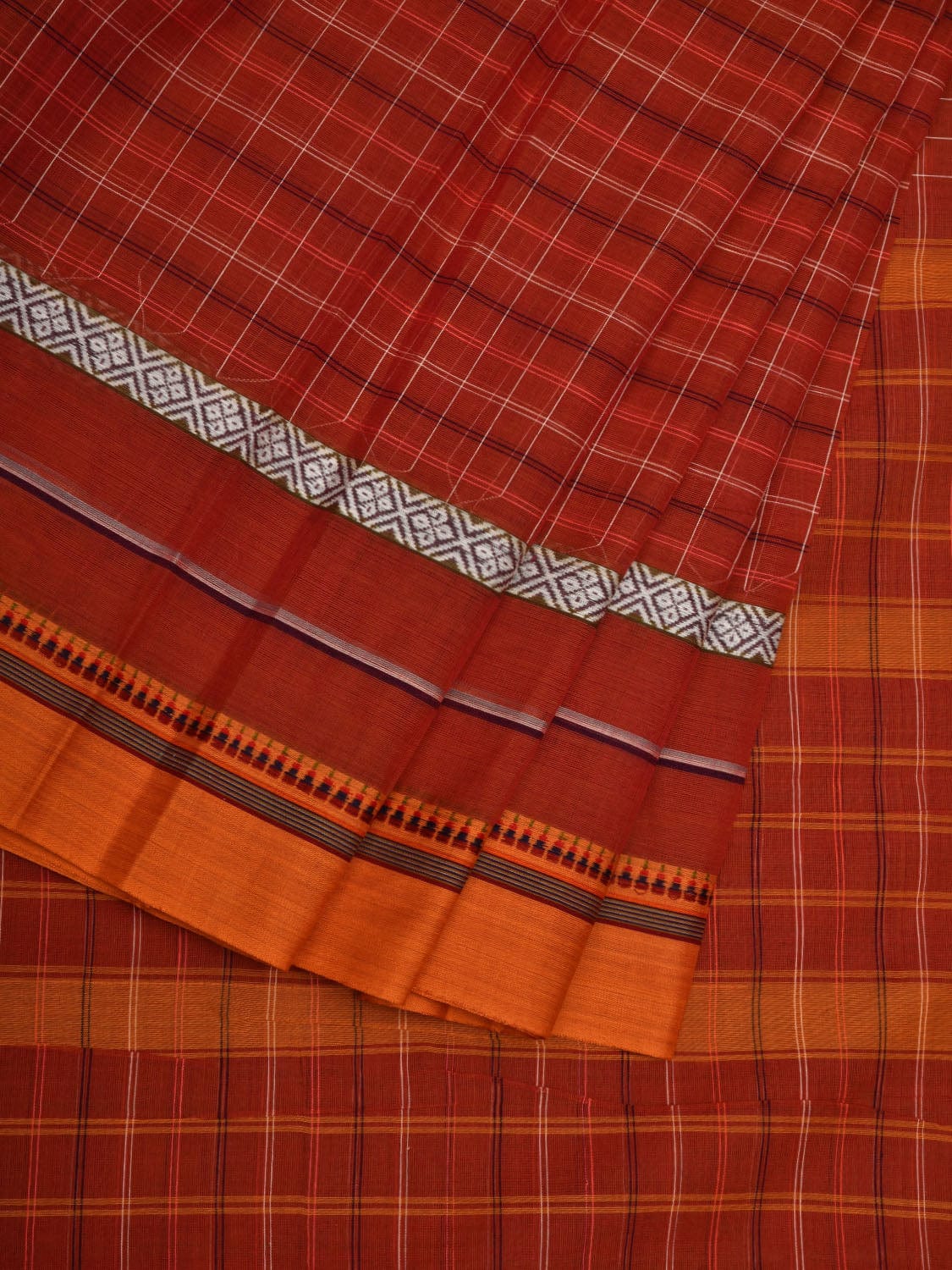 Rust Narayanpet Cotton Handloom Saree with Checks Design No Blouse np0637