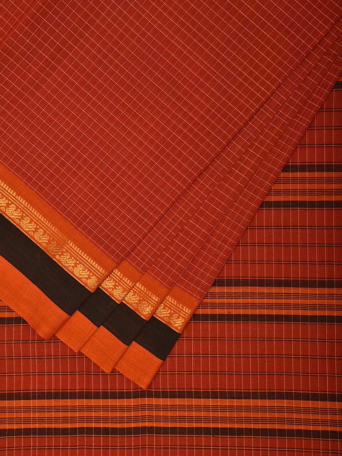 Rust Narayanpet Cotton Handloom Saree with Checks Design No Blouse np1032