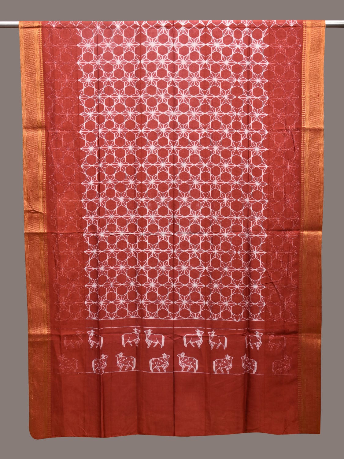 Rust Shibori Sico Dupatta with Geometric and Cows Design ds3620
