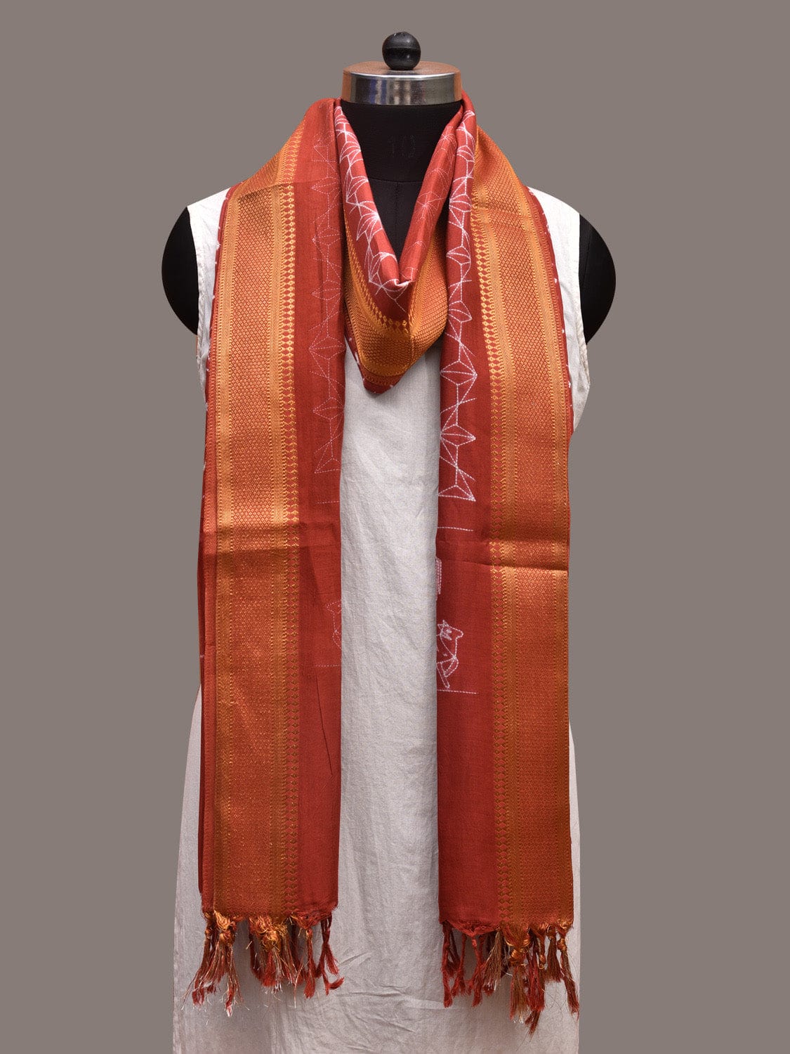 Rust Shibori Sico Dupatta with Geometric and Cows Design ds3620