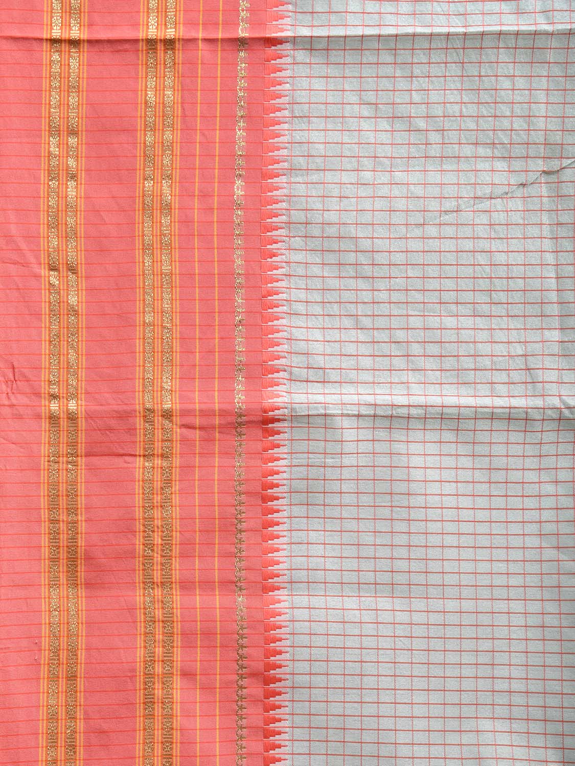 Sea Blue and Peach Bamboo Cotton Viscose Silk Saree with Checks and Contrast Pallu Design No Blouse bc0576