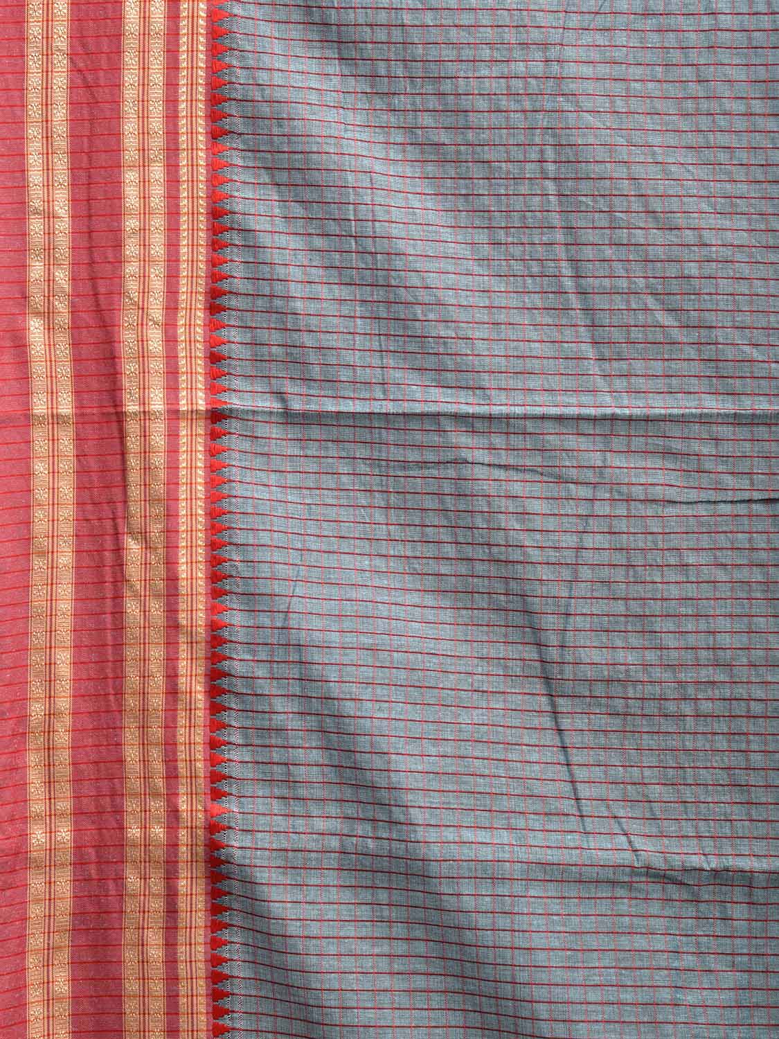 Sea Blue and Red Bamboo Cotton Saree with Checks Design No Blouse bc0672