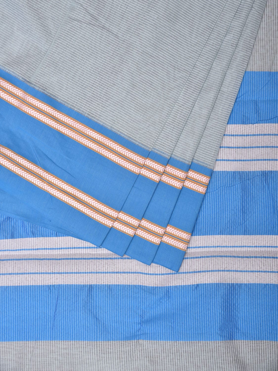 Sea Blue Bamboo Cotton Saree with Strips Design No Blouse bc0193