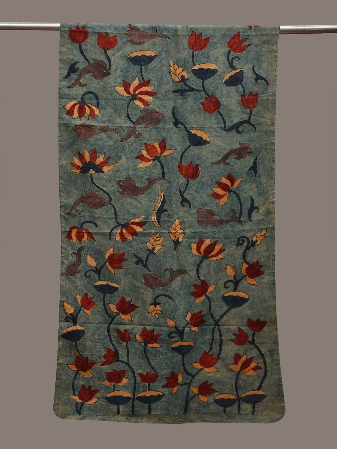 Sea Blue Kalamkari Hand Painted Cotton Handloom Stole with Lotus and Fishes Design ds2810