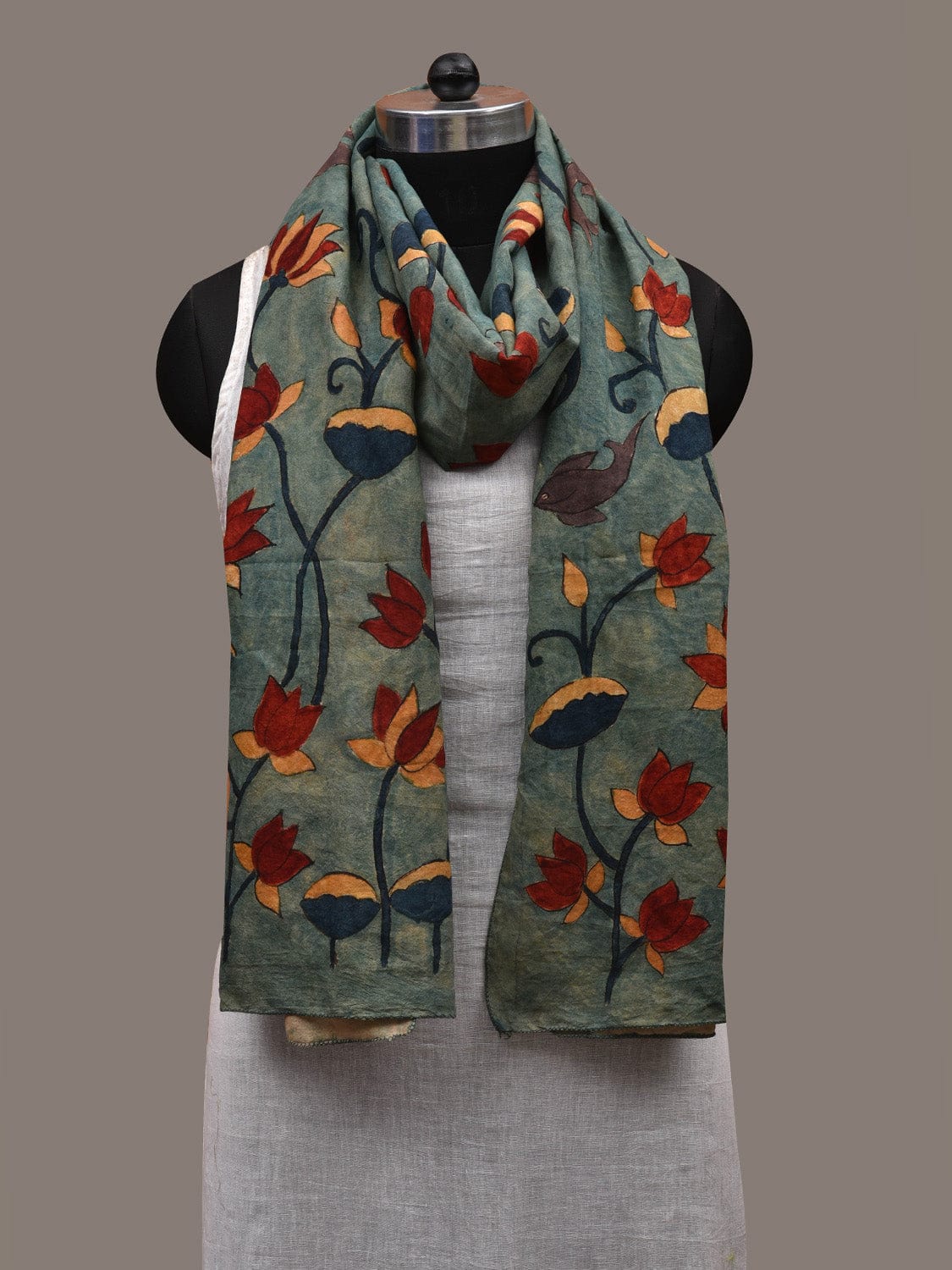Sea Blue Kalamkari Hand Painted Cotton Handloom Stole with Lotus and Fishes Design ds2810