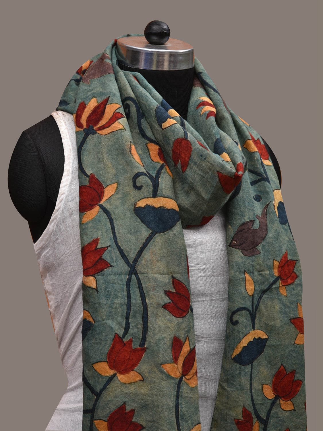 Sea Blue Kalamkari Hand Painted Cotton Handloom Stole with Lotus and Fishes Design ds2810