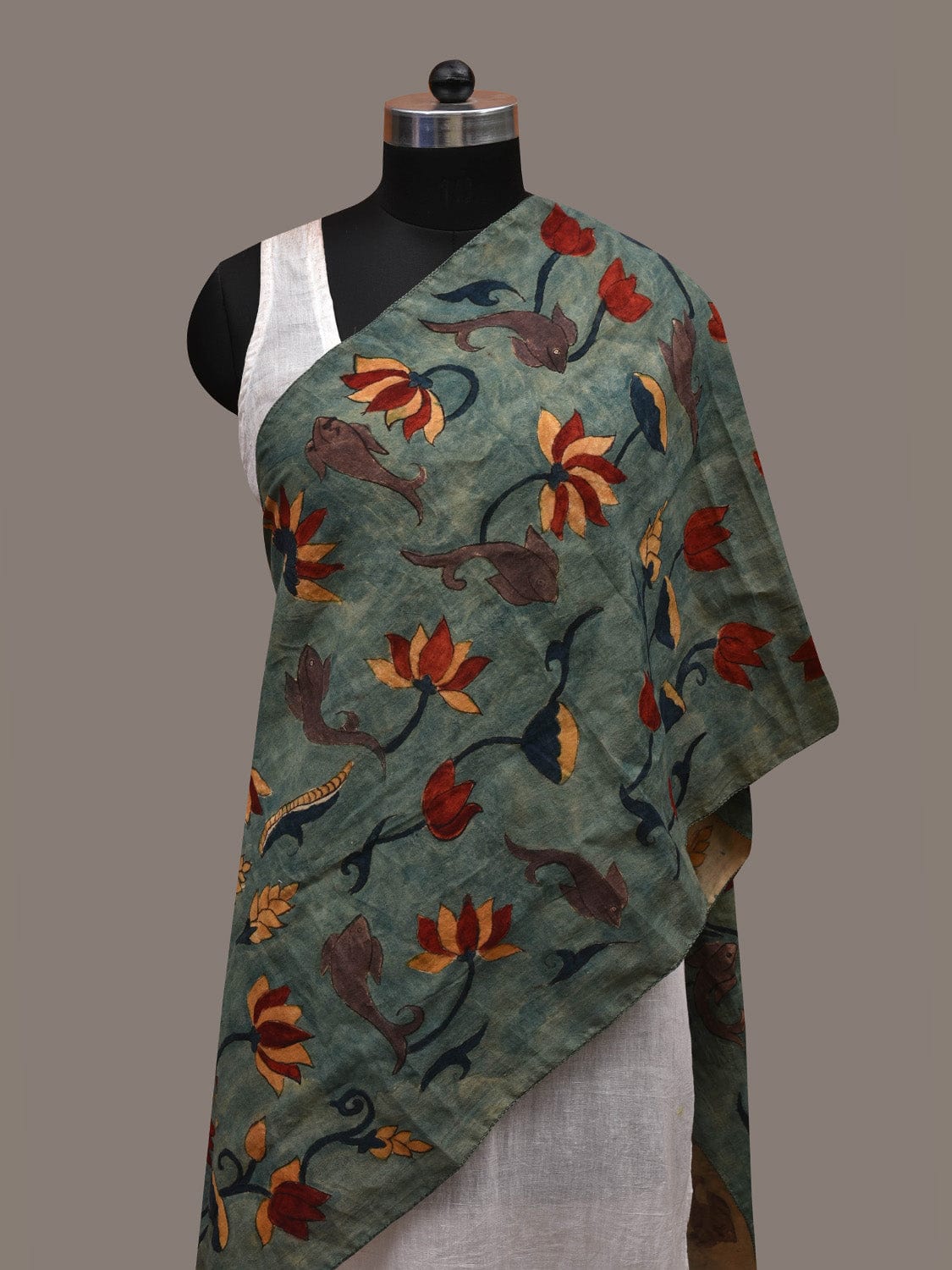 Sea Blue Kalamkari Hand Painted Cotton Handloom Stole with Lotus and Fishes Design ds2810