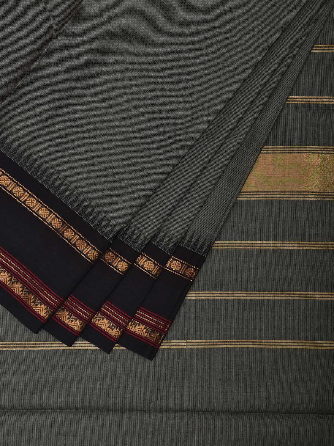Sea Green and Black Kanchipuram Cotton Plain Saree with Strips Pallu and Small Temple Border Design k0771