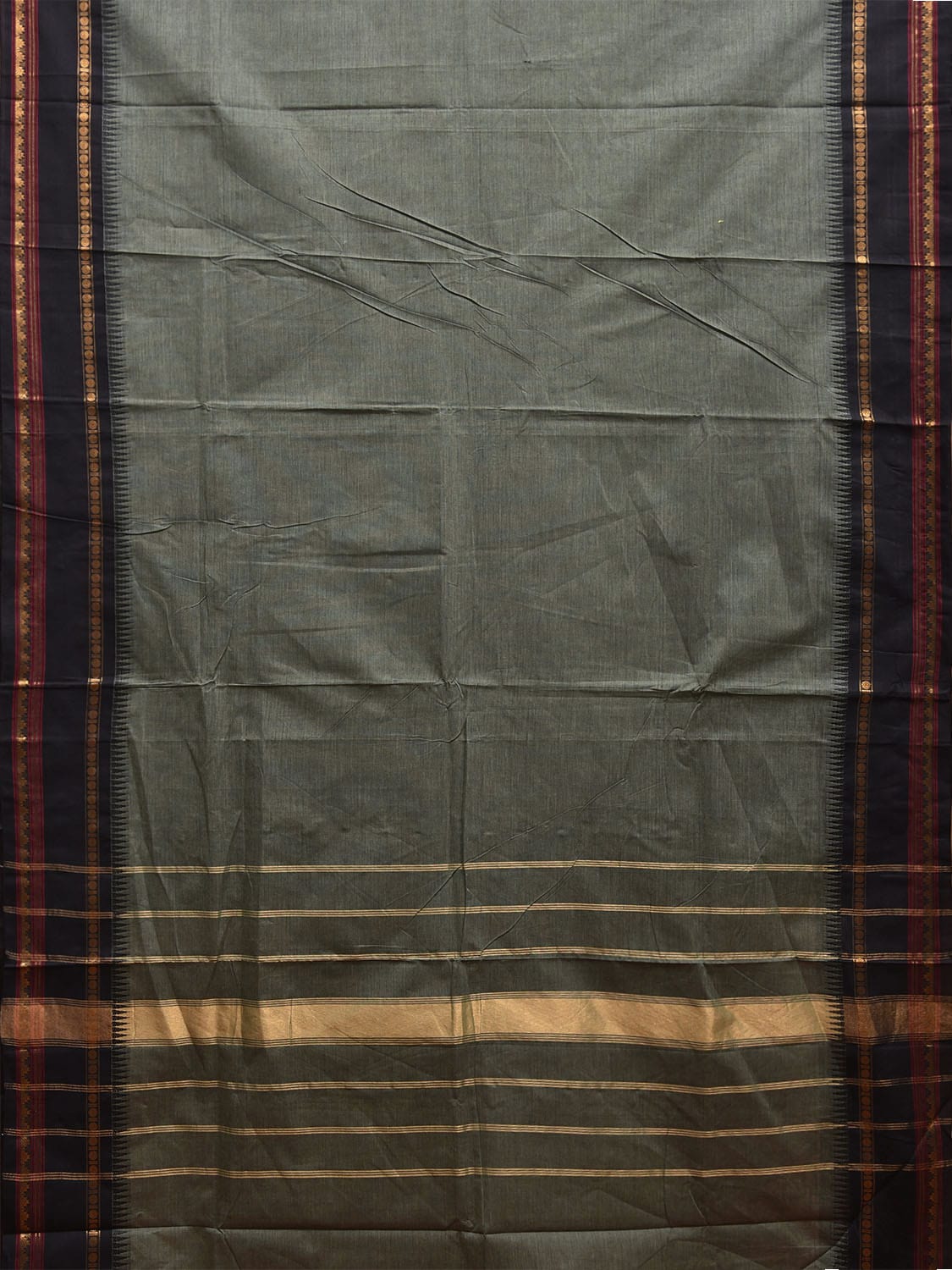 Sea Green and Black Kanchipuram Cotton Plain Saree with Strips Pallu and Small Temple Border Design k0771