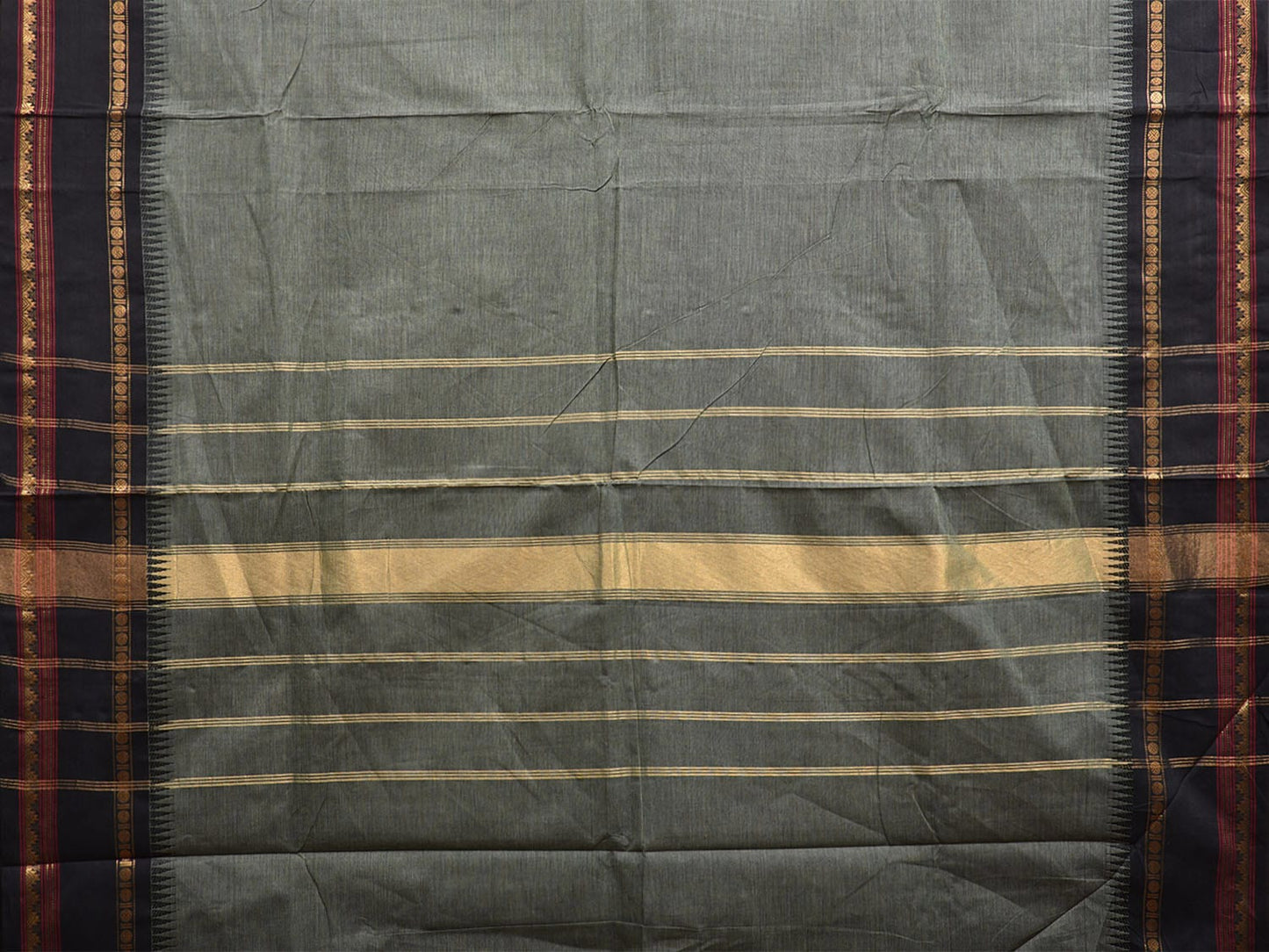 Sea Green and Black Kanchipuram Cotton Plain Saree with Strips Pallu and Small Temple Border Design k0771