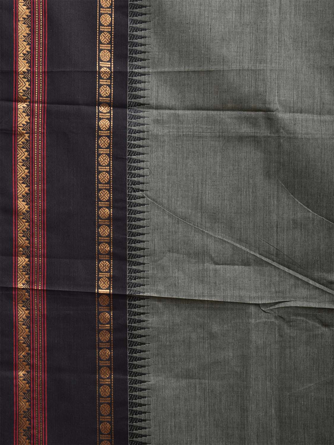 Sea Green and Black Kanchipuram Cotton Plain Saree with Strips Pallu and Small Temple Border Design k0771