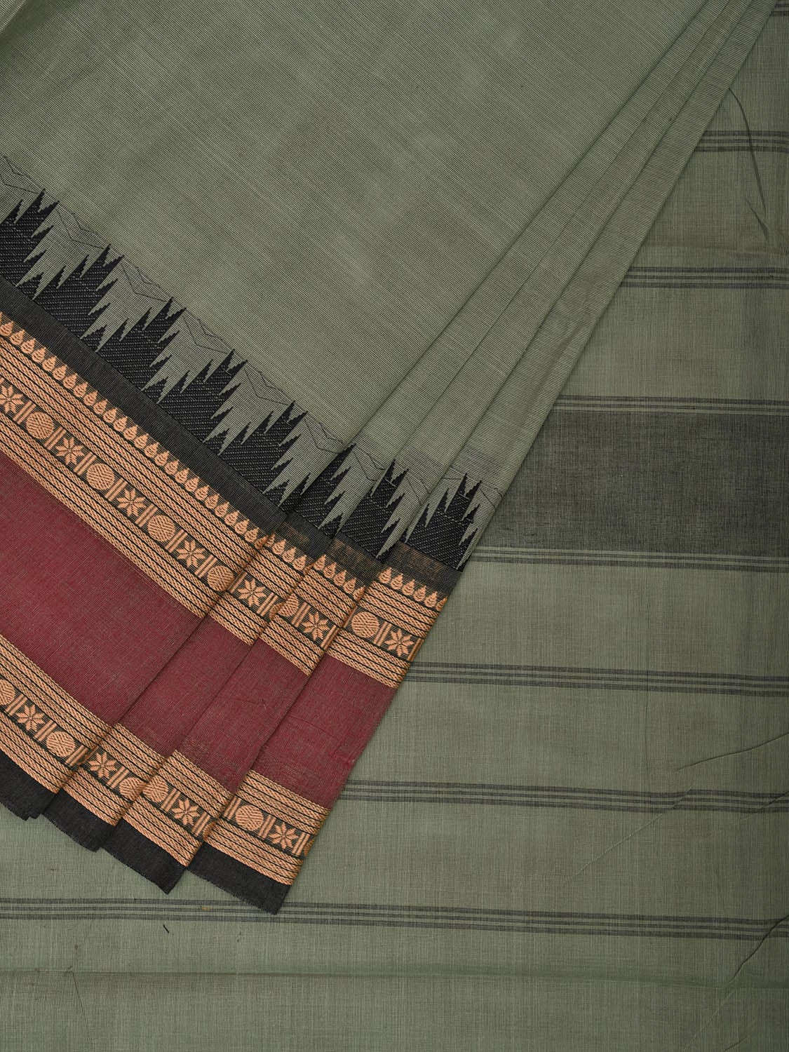 Sea Green and Black Kanchipuram Cotton Plain Saree with Strips Pallu and Temple Border Design k0747