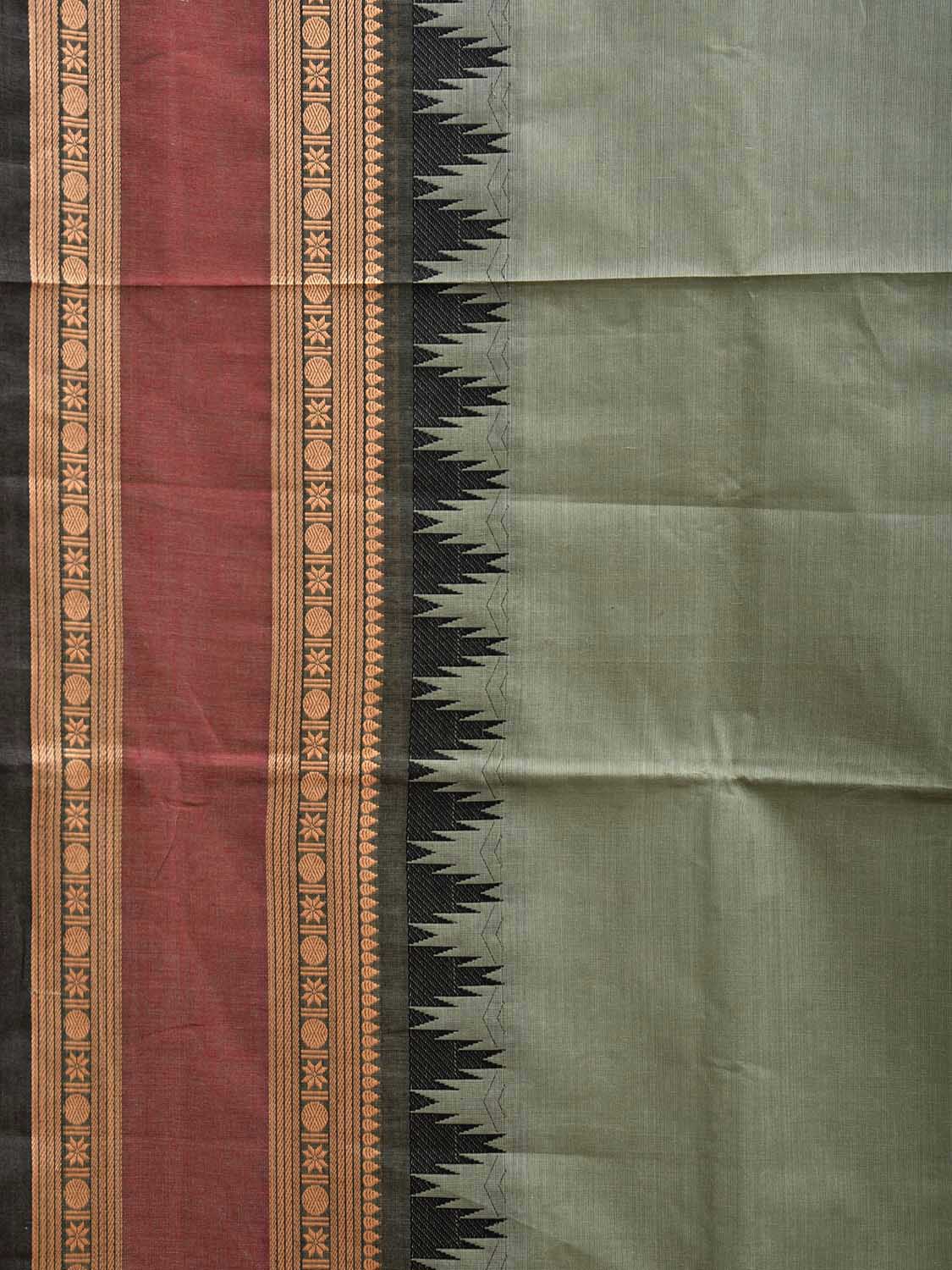 Sea Green and Black Kanchipuram Cotton Plain Saree with Strips Pallu and Temple Border Design k0747