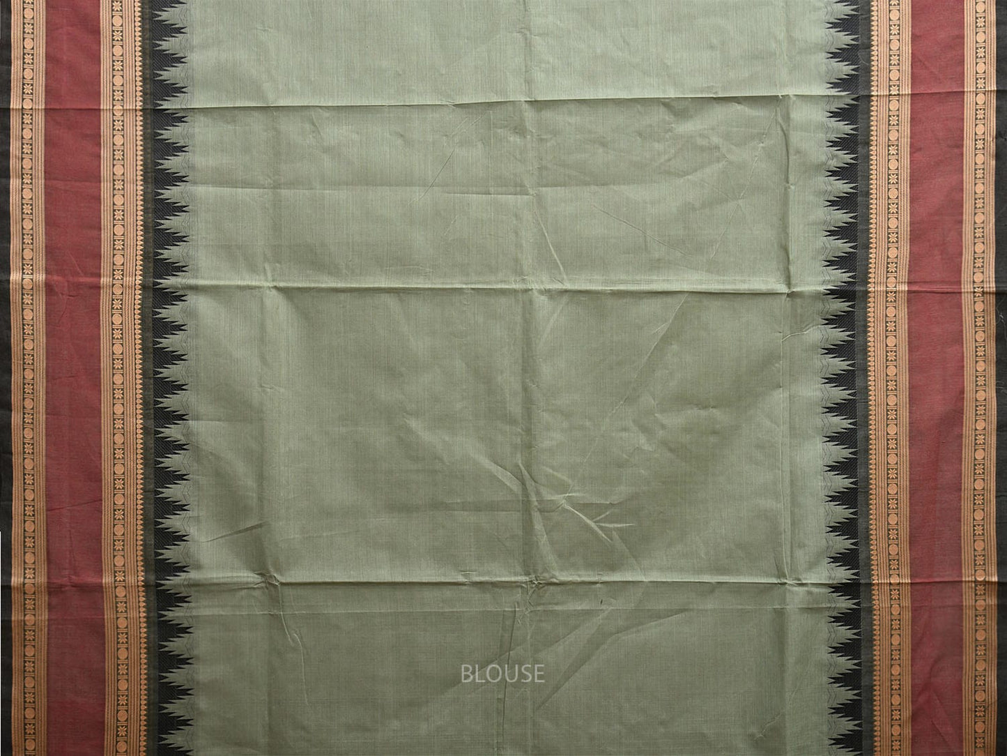 Sea Green and Black Kanchipuram Cotton Plain Saree with Strips Pallu and Temple Border Design k0747