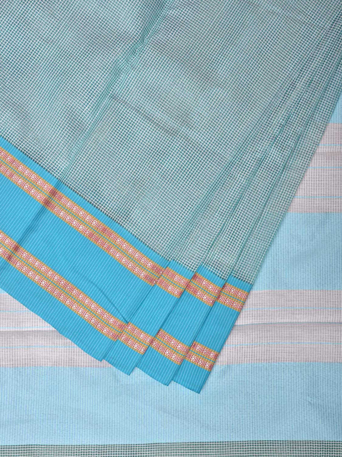 Sea Green and Blue Bamboo Cotton Saree with Small Checks Design No Blouse bc0150