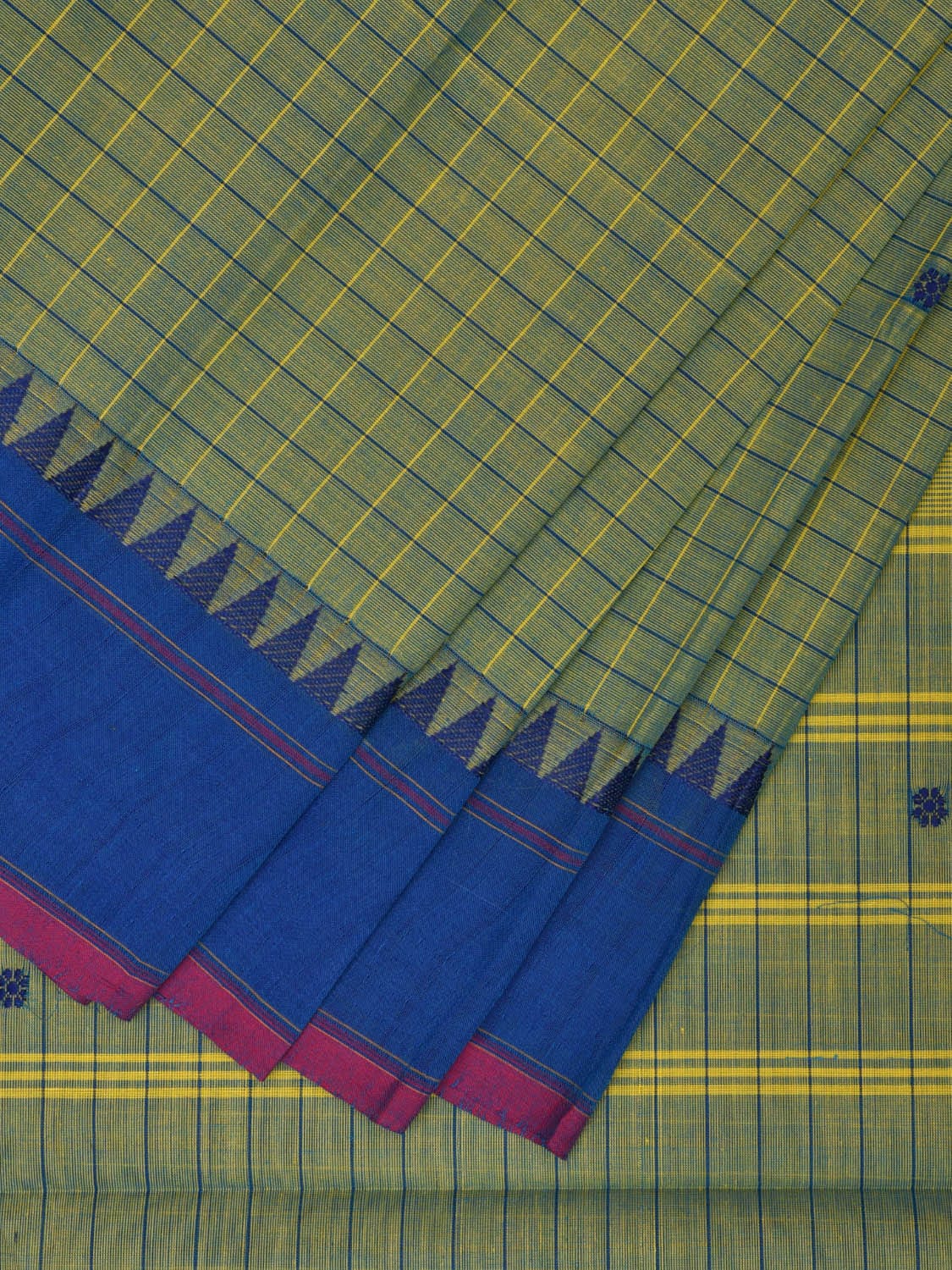 Sea Green and Blue Kanchipuram Cotton Saree with Strips Pallu and Checks Design k0739