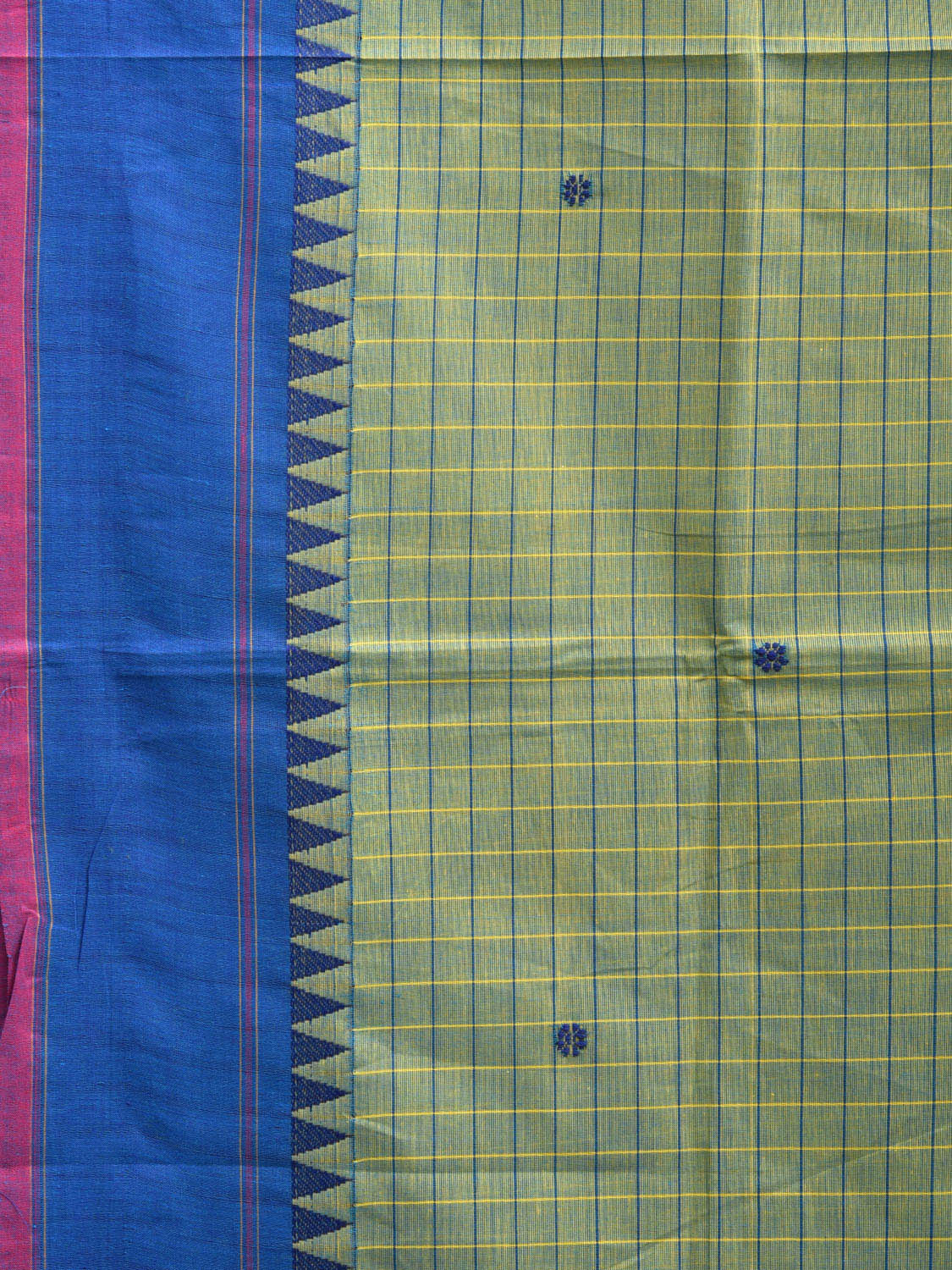 Sea Green and Blue Kanchipuram Cotton Saree with Strips Pallu and Checks Design k0739