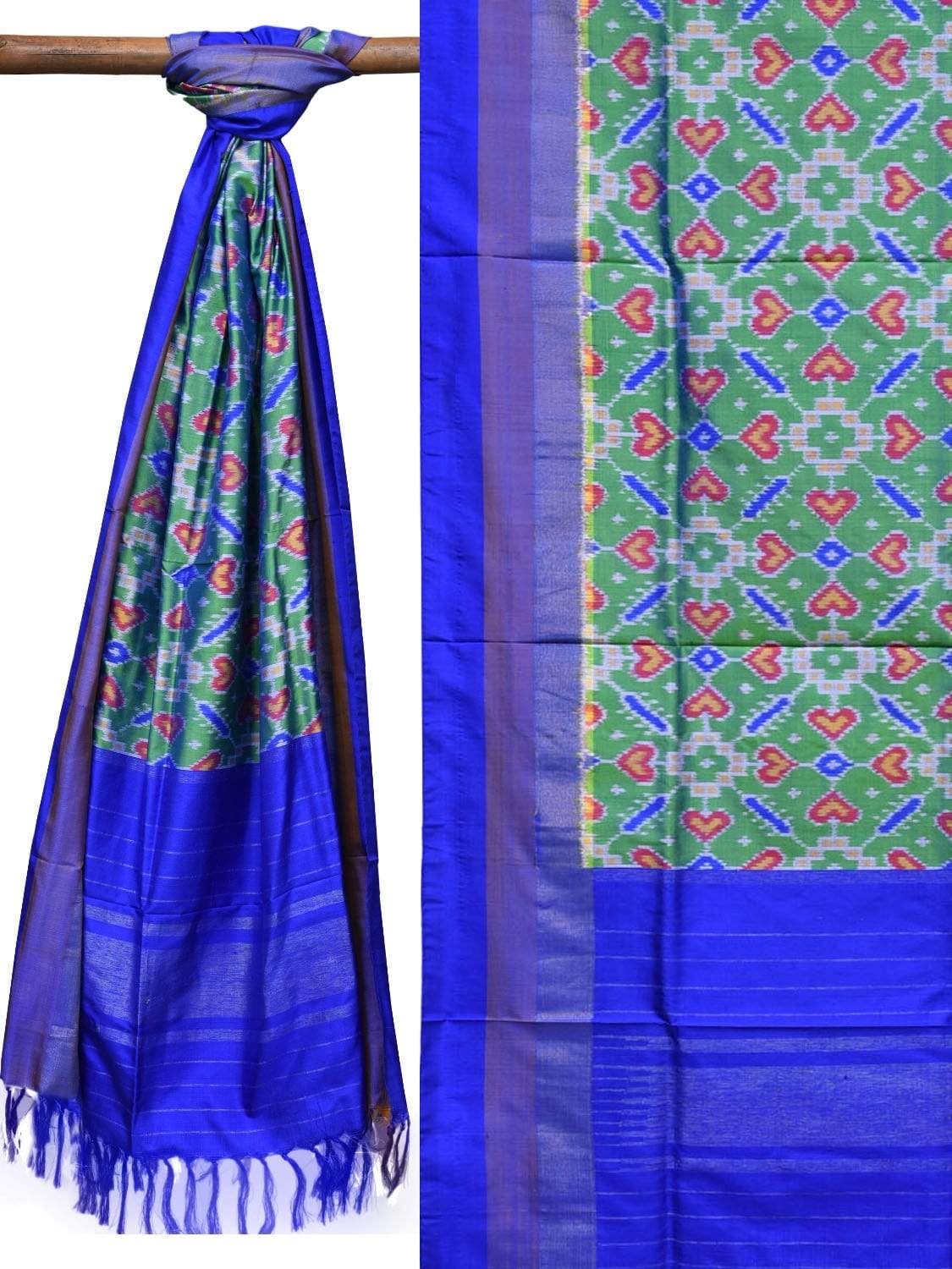 Sea Green and Blue Pochampally Ikat Silk Handloom Dupatta with All Over Design ds2034