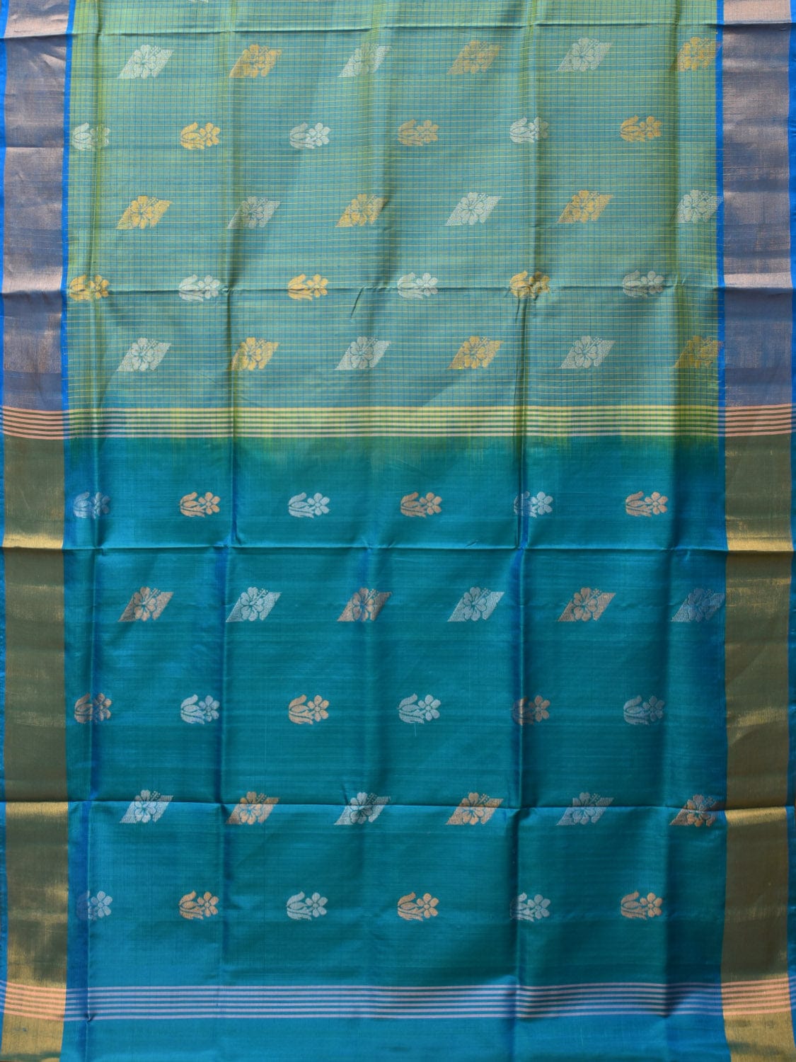 Sea Green and Blue Uppada Silk Handloom Saree with Body Buta and Checks Design u2202
