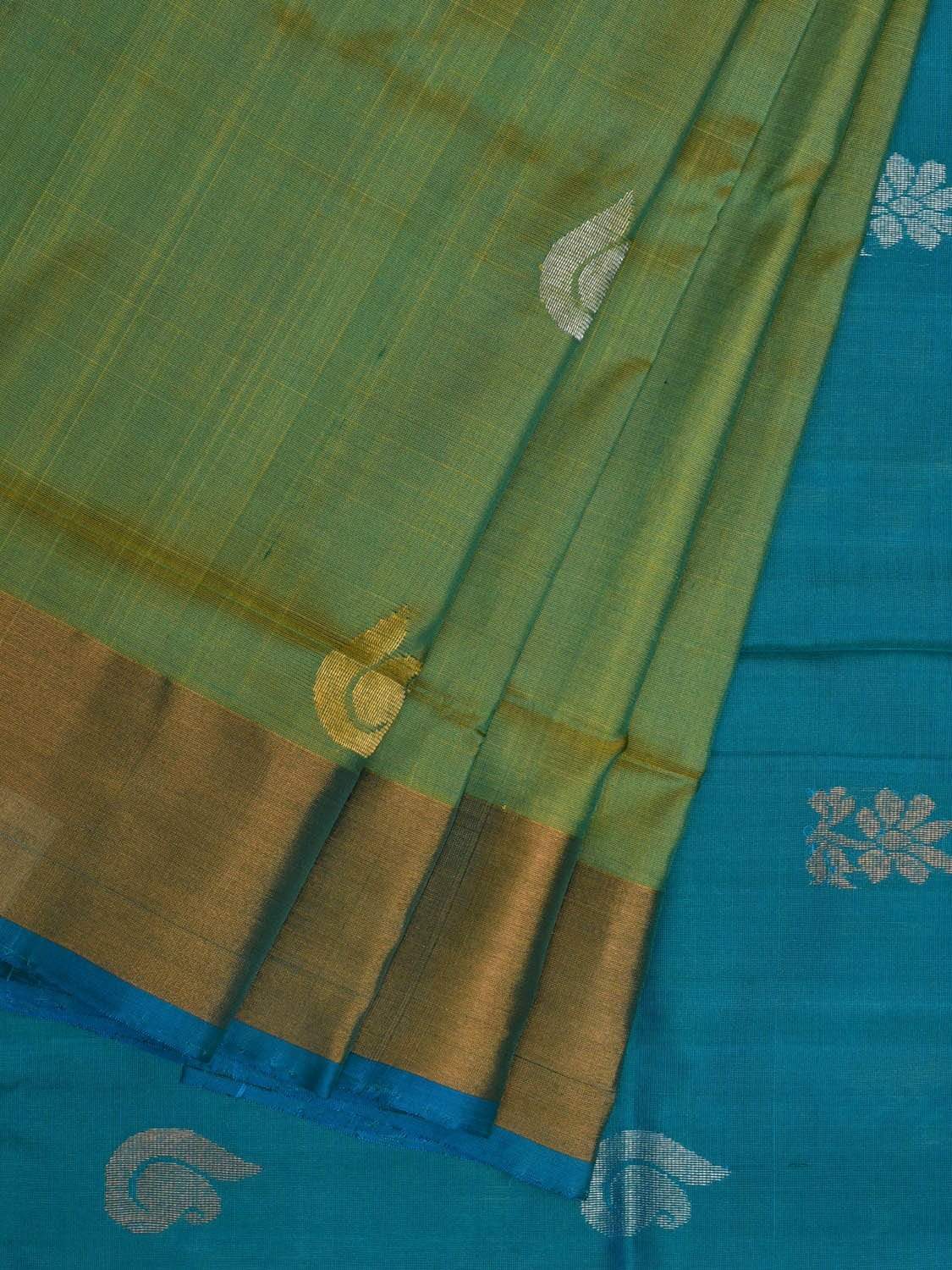 Sea Green and Blue Uppada Silk Handloom Saree with Buta and Contrast Pallu Design u1814
