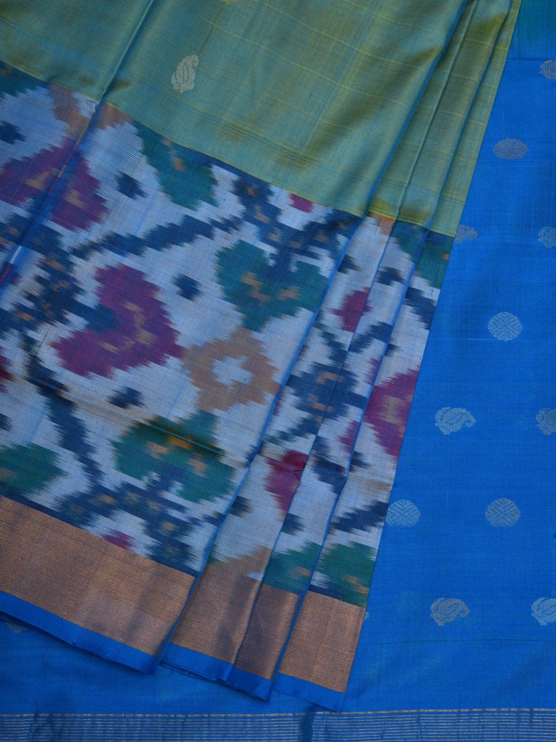 Sea Green and Blue Uppada Silk Handloom Saree with Ikat Border Design u1828
