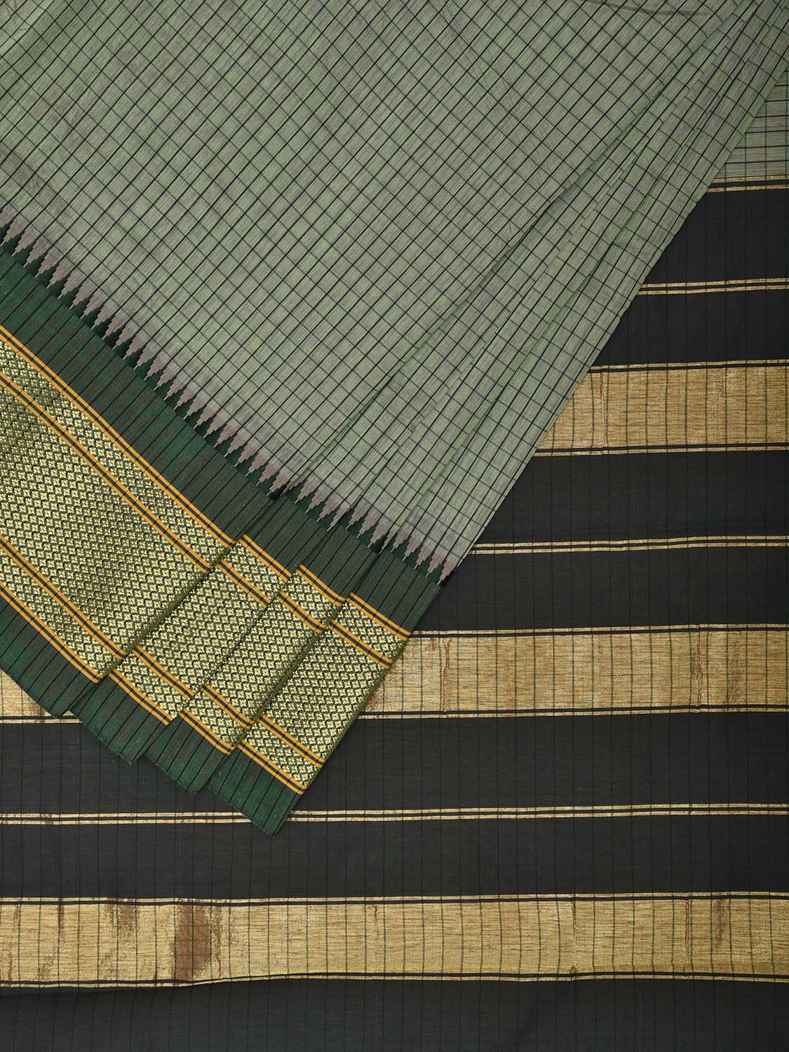 Sea Green and Dark Green Bamboo Cotton Saree with Checks Design No Blouse bc0648