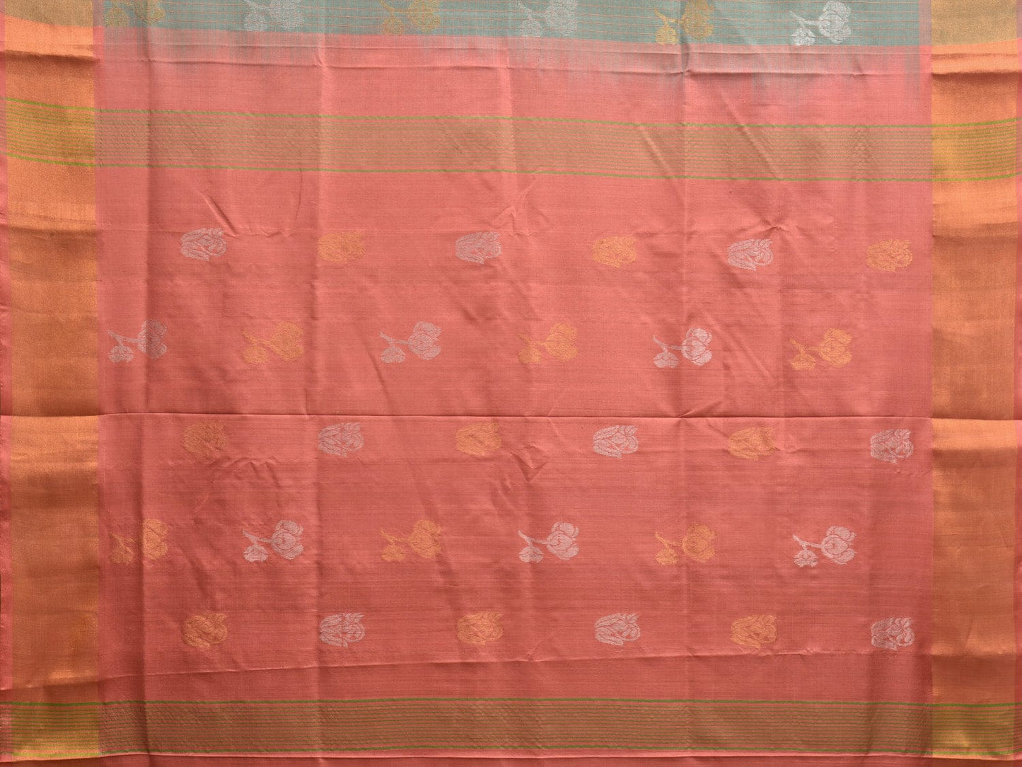 Sea Green and Peach Uppada Plain Silk Handloom Saree with Buta and Contrast Pallu Design u2244