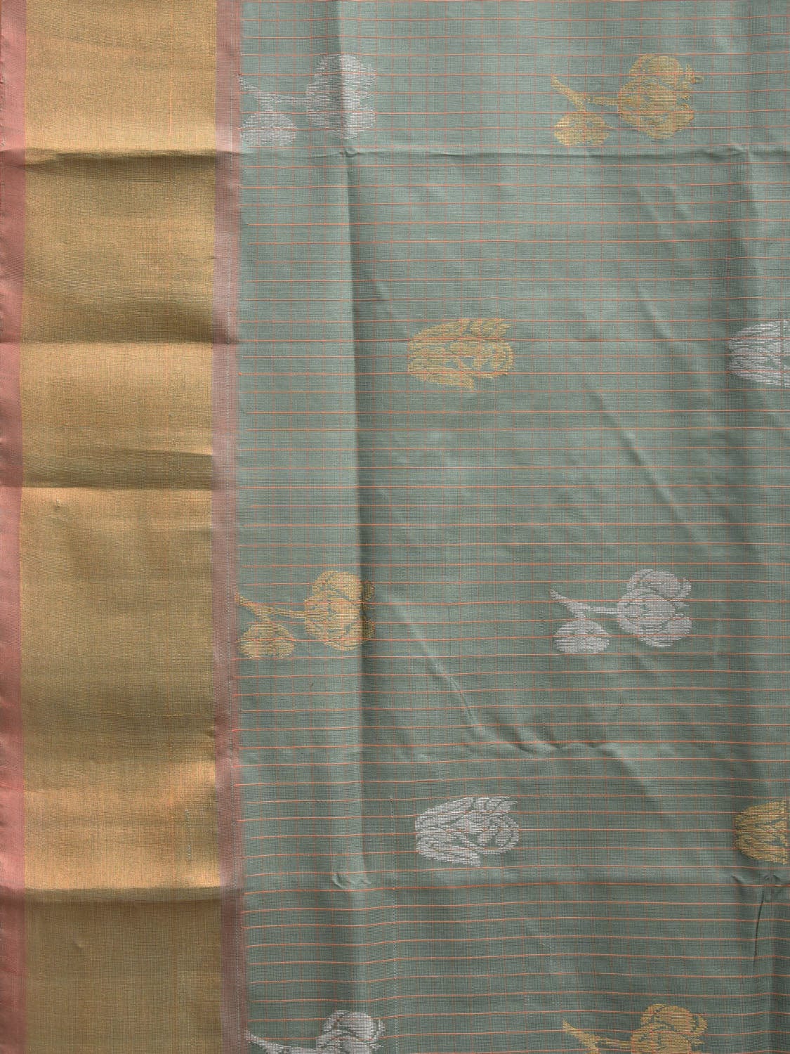 Sea Green and Peach Uppada Plain Silk Handloom Saree with Buta and Contrast Pallu Design u2244