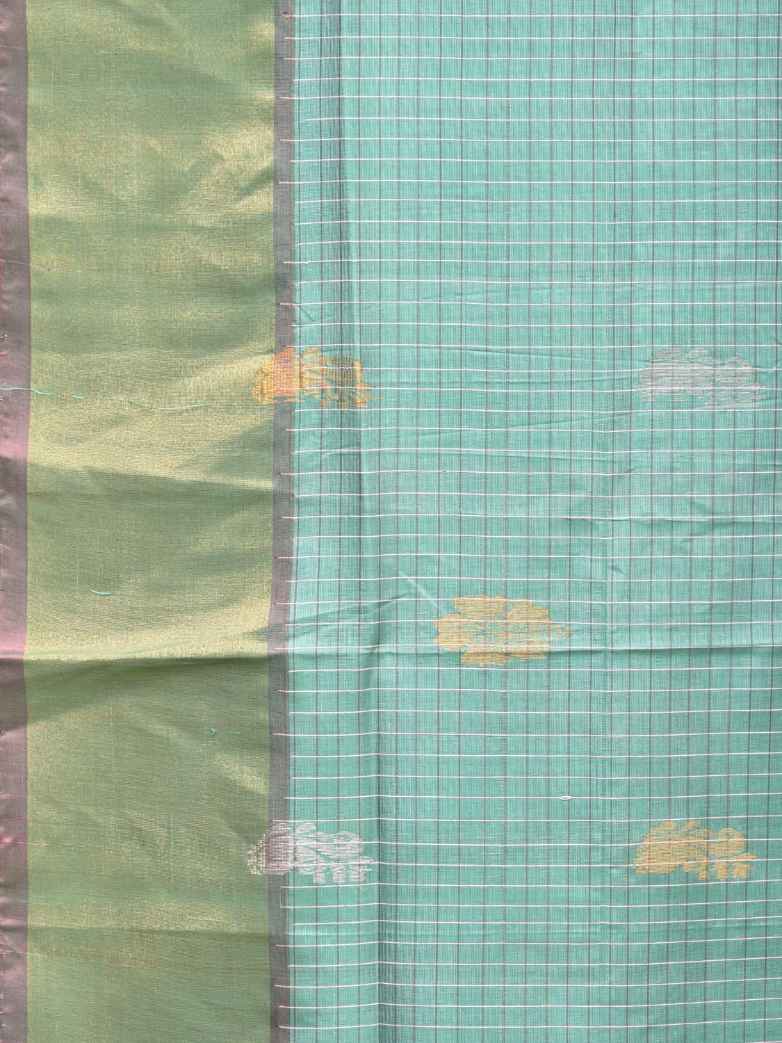 Sea Green and Pink Uppada Silk Handloom Saree with Checks and Buta Design u2077