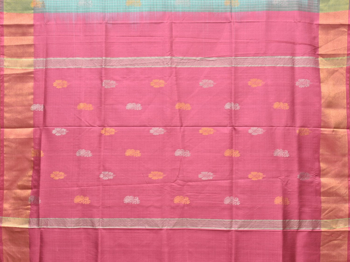 Sea Green and Pink Uppada Silk Handloom Saree with Checks and Buta Design u2077