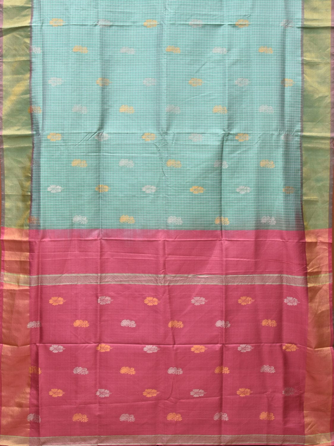 Sea Green and Pink Uppada Silk Handloom Saree with Checks and Buta Design u2077