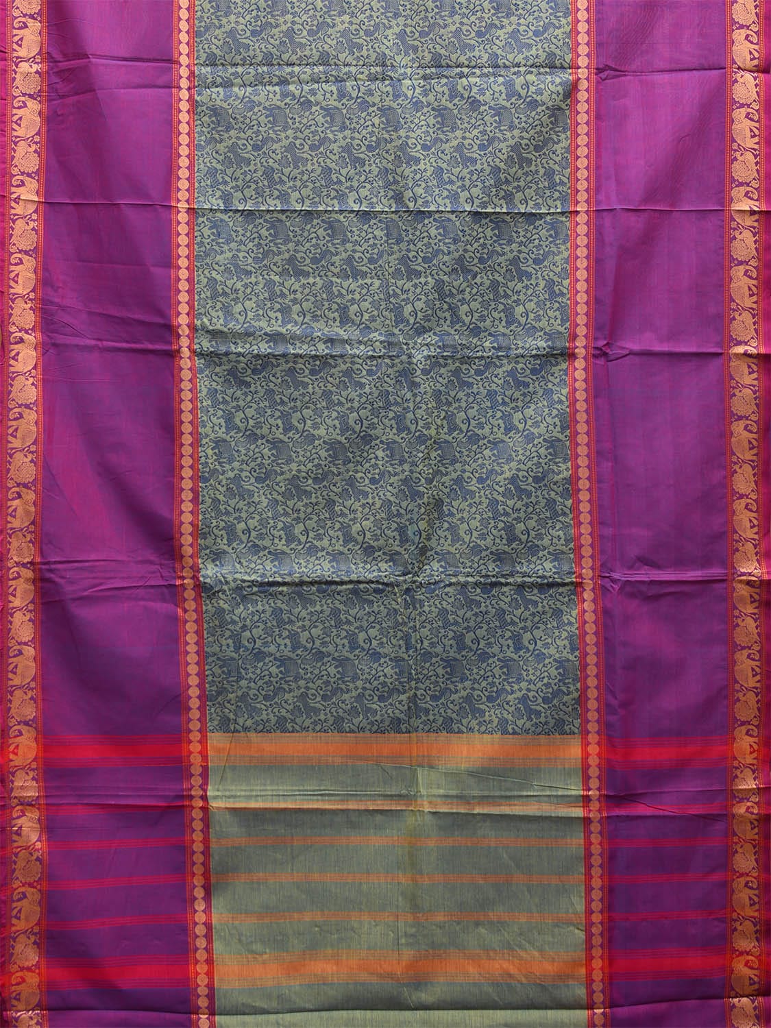 Sea Green and Purple Kanchipuram Cotton Saree with All Over Body and Elephant Border Design k0720