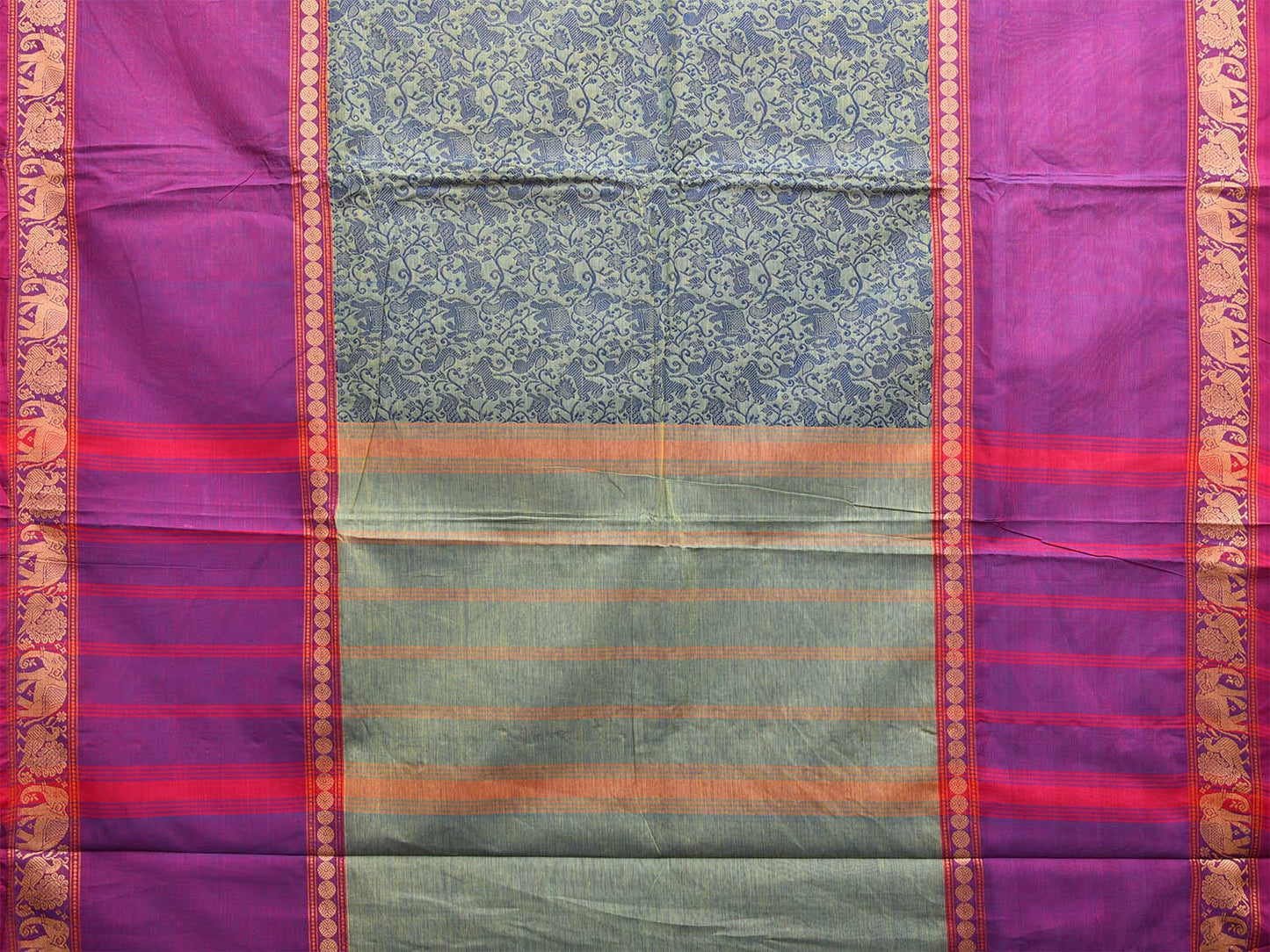 Sea Green and Purple Kanchipuram Cotton Saree with All Over Body and Elephant Border Design k0720