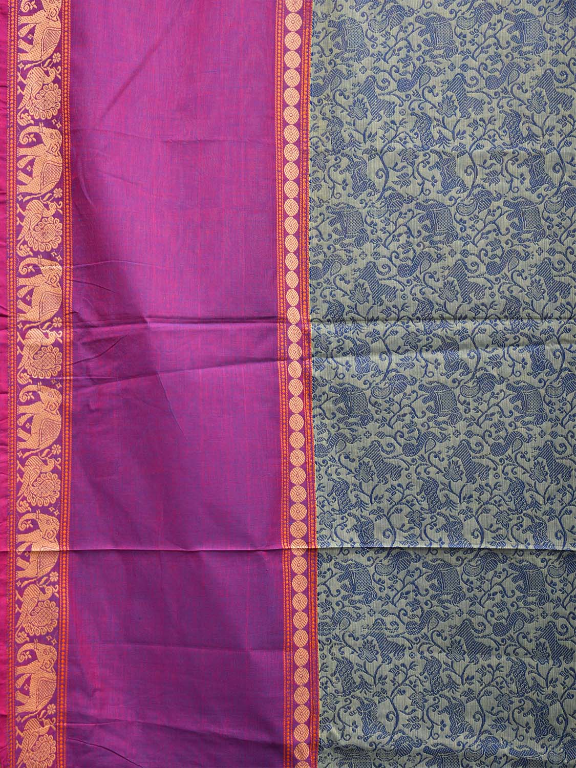 Sea Green and Purple Kanchipuram Cotton Saree with All Over Body and Elephant Border Design k0720