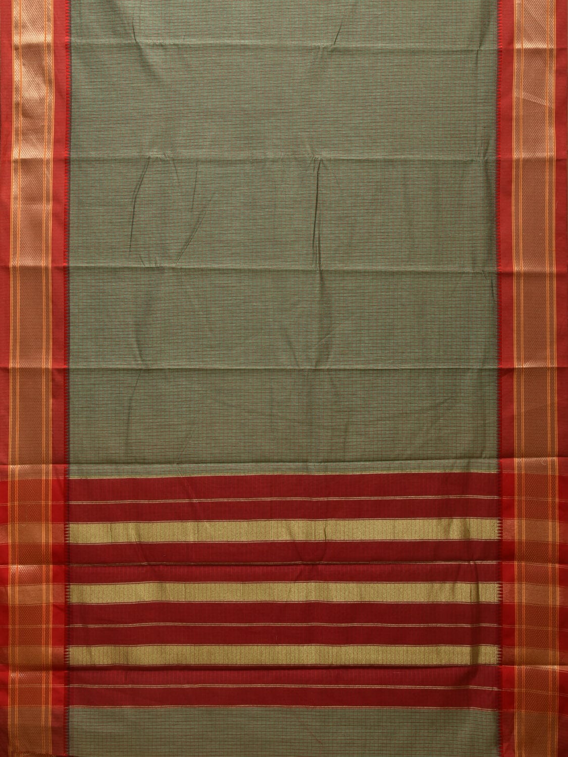 Sea Green and Red Bamboo Cotton Saree with Checks Design No Blouse bc0306