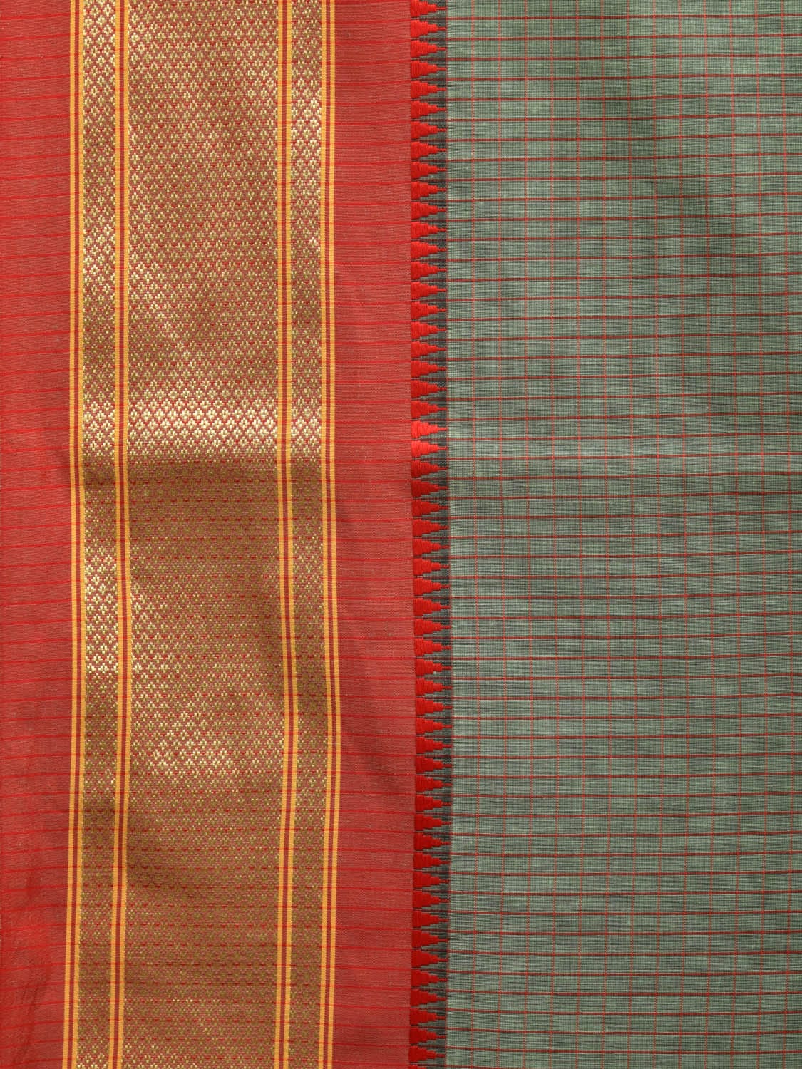 Sea Green and Red Bamboo Cotton Saree with Checks Design No Blouse bc0306