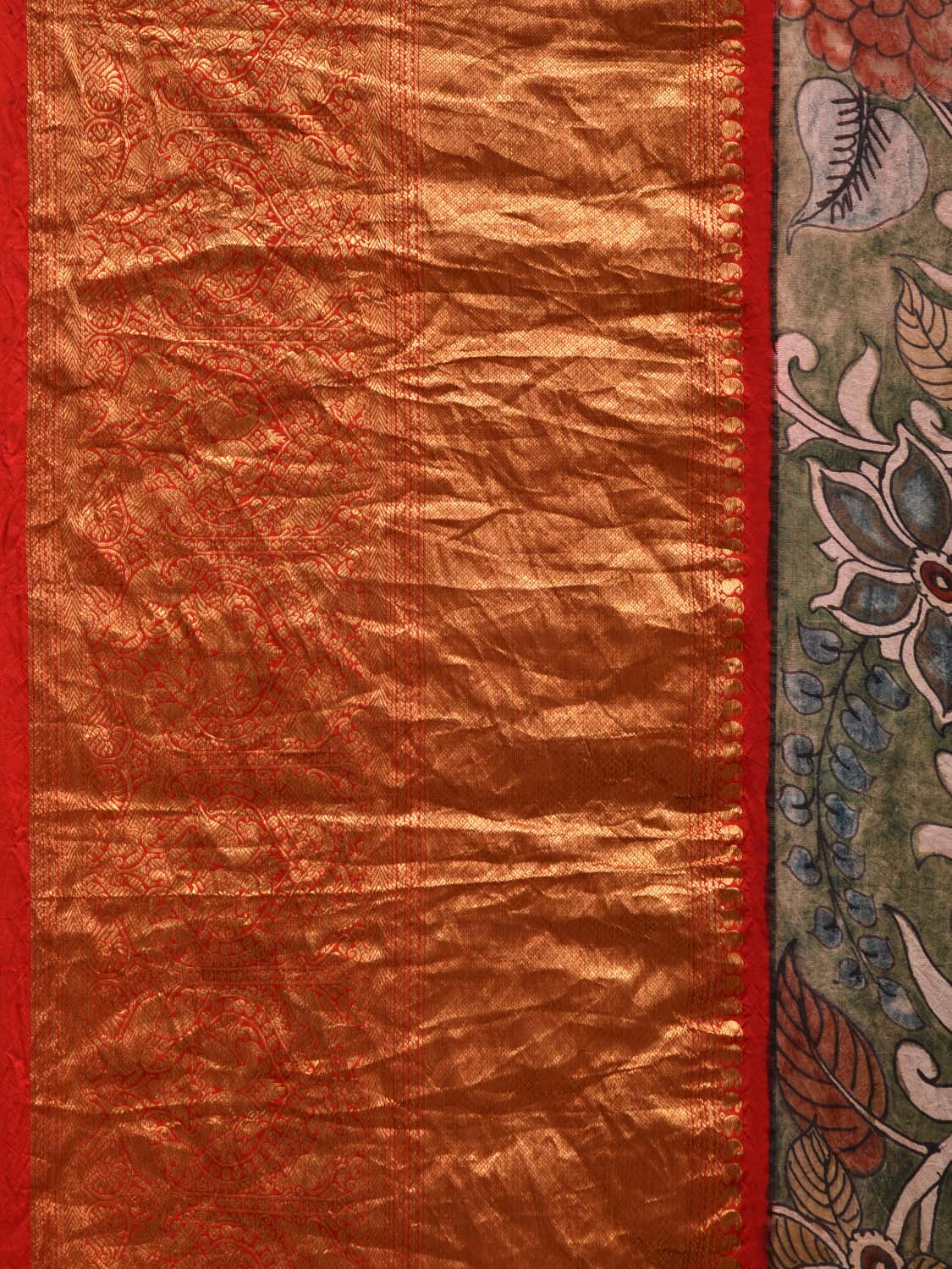 Sea Green and Red Kalamkari Hand Painted Kanchipuram Silk Handloom Saree with Floral Design KL0621