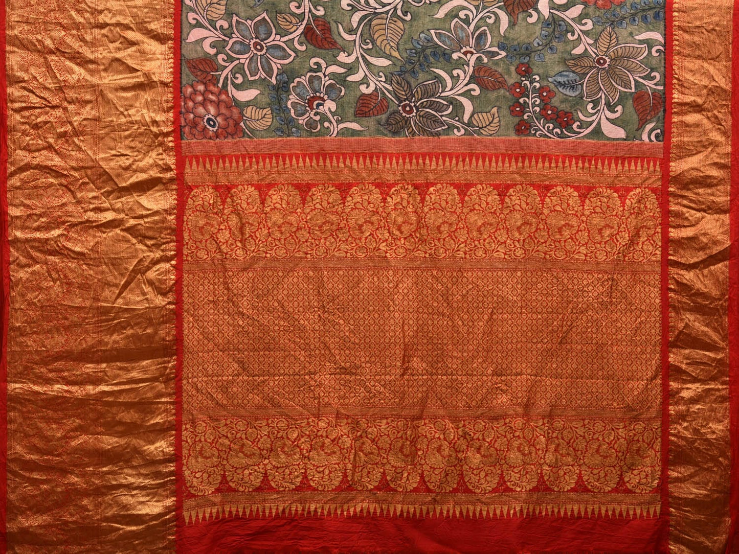 Sea Green and Red Kalamkari Hand Painted Kanchipuram Silk Handloom Saree with Floral Design KL0621