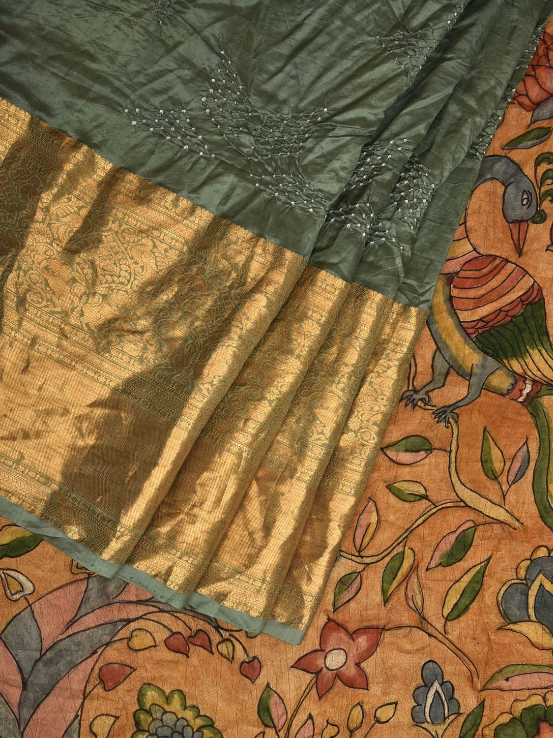 Sea Green Bandhani Kanchipuram Silk Handloom Saree with Kalamkari Hand Painted Pallu and Blouse Design bn0403