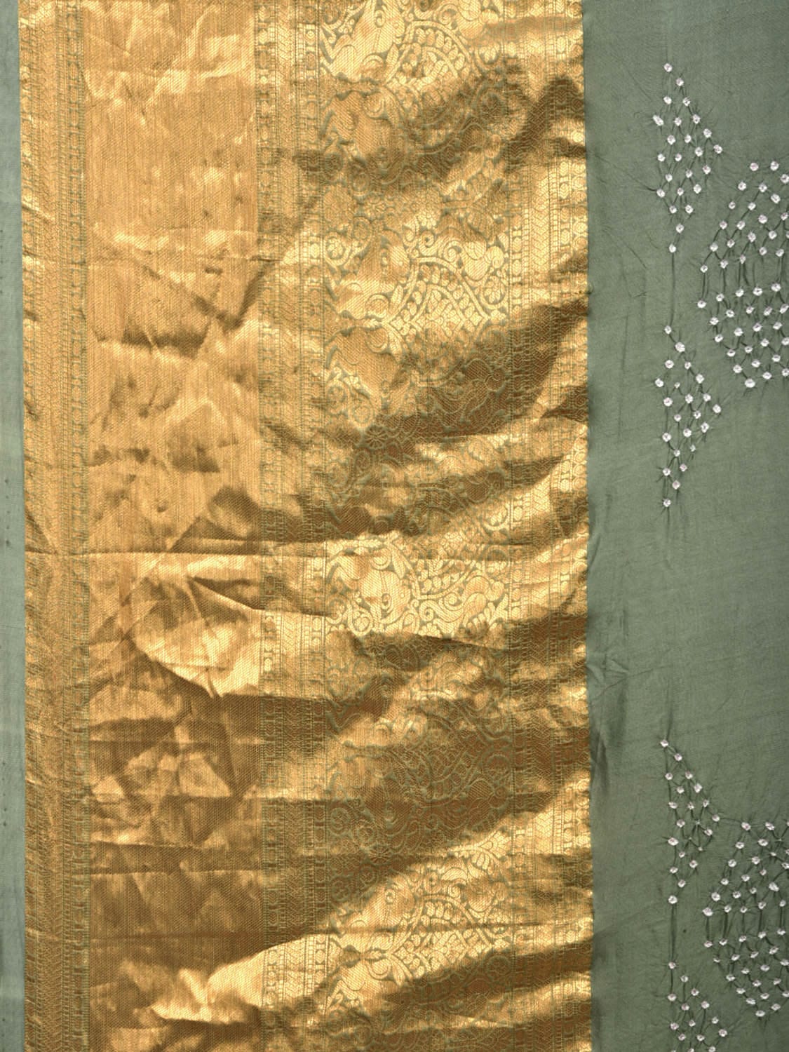 Sea Green Bandhani Kanchipuram Silk Handloom Saree with Kalamkari Hand Painted Pallu and Blouse Design bn0403