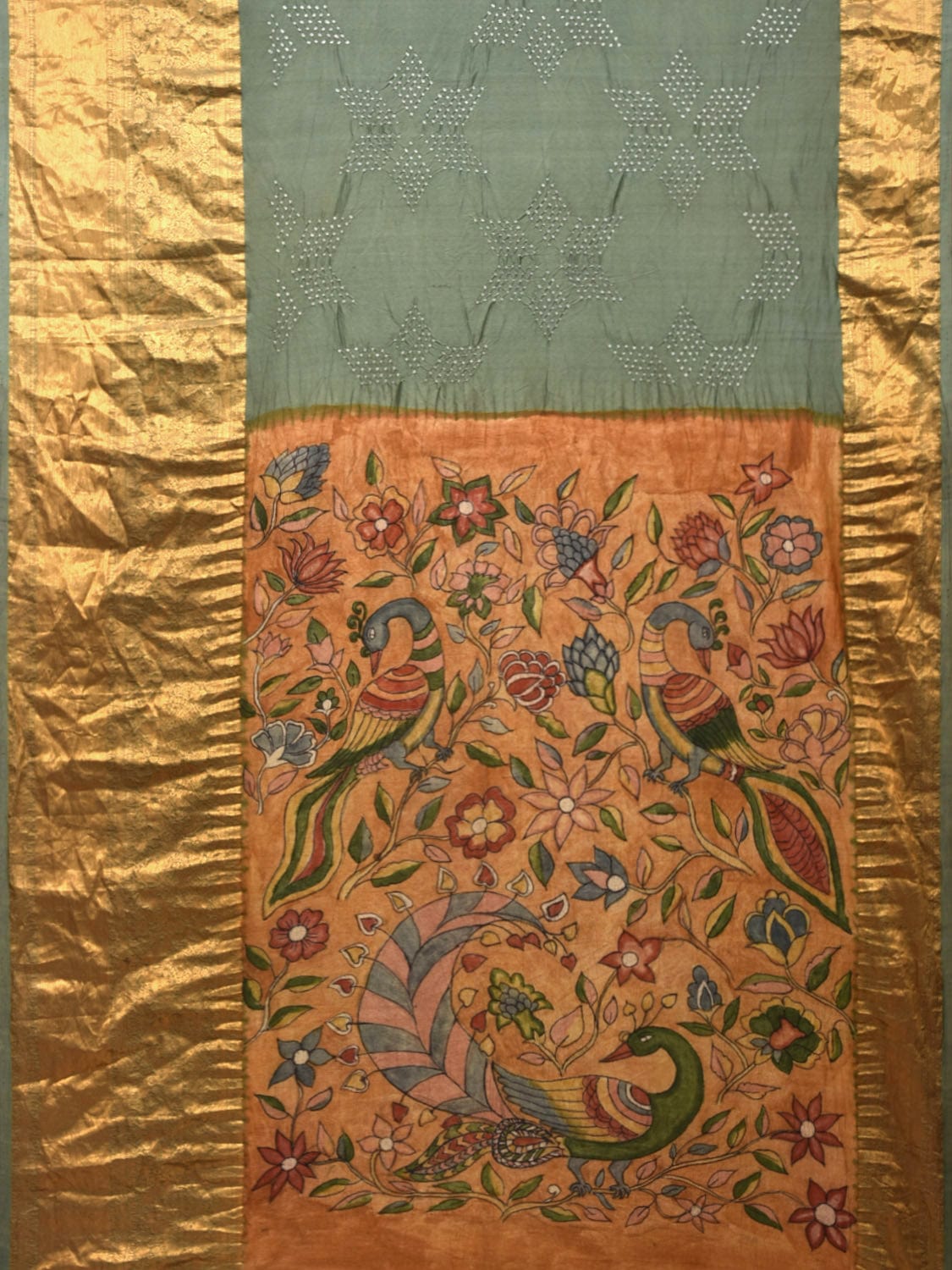 Sea Green Bandhani Kanchipuram Silk Handloom Saree with Kalamkari Hand Painted Pallu and Blouse Design bn0403