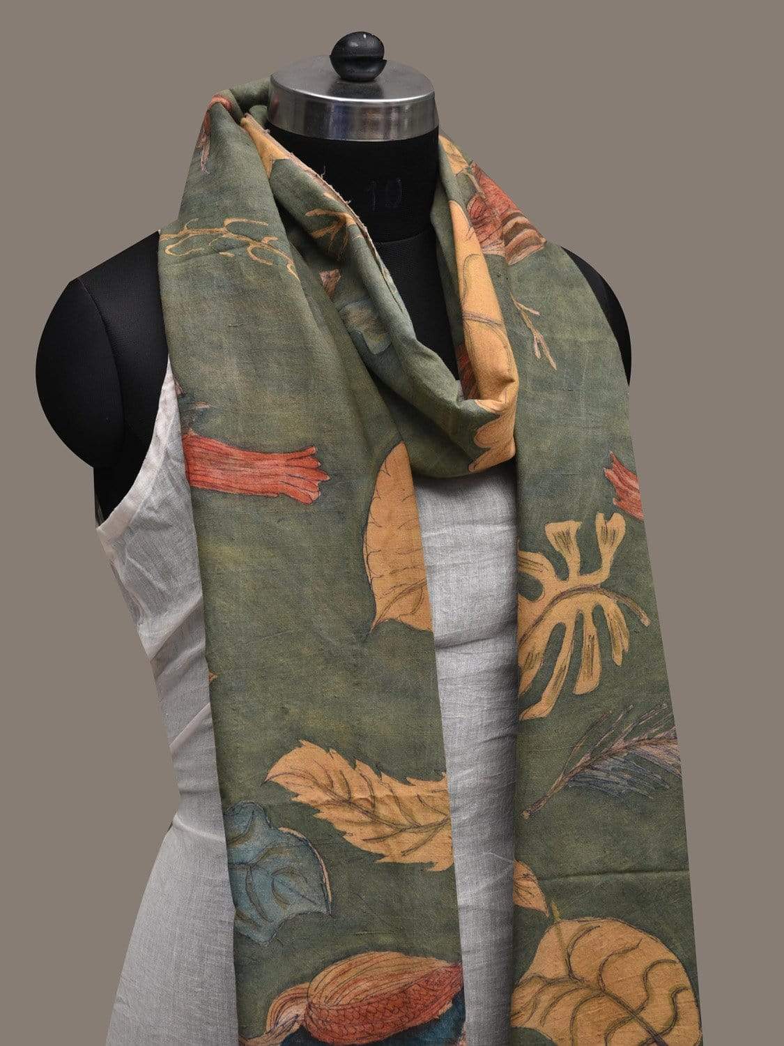 Sea Green Kalamkari Hand Painted Cotton Handloom Dupatta with Birds and Floral Design ds2549