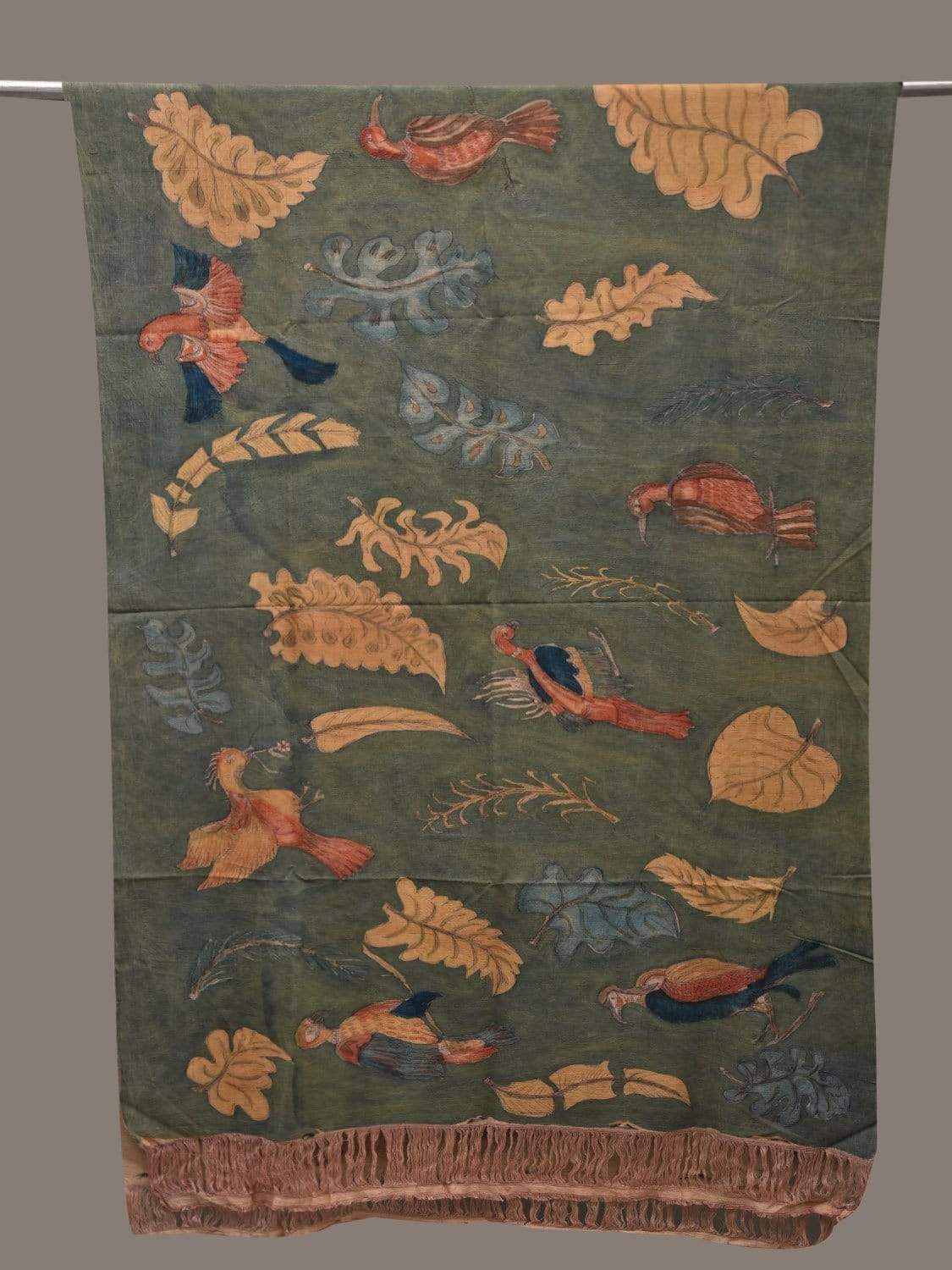 Sea Green Kalamkari Hand Painted Cotton Handloom Dupatta with Birds and Floral Design ds2549