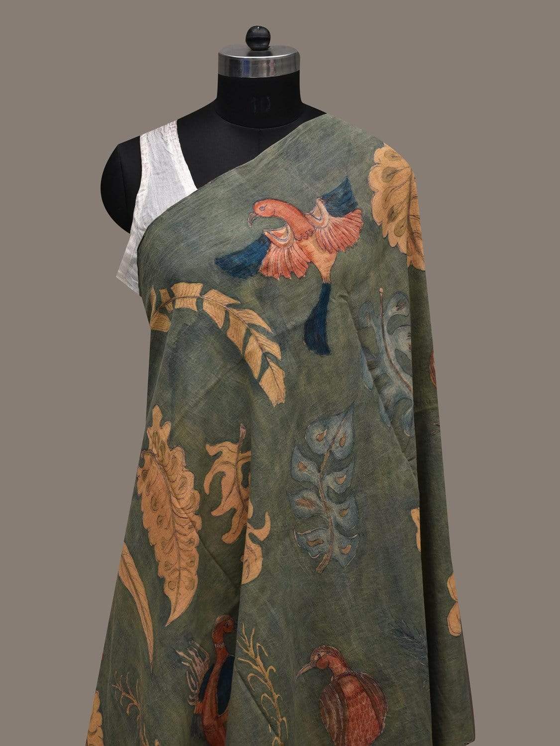 Sea Green Kalamkari Hand Painted Cotton Handloom Dupatta with Birds and Floral Design ds2549
