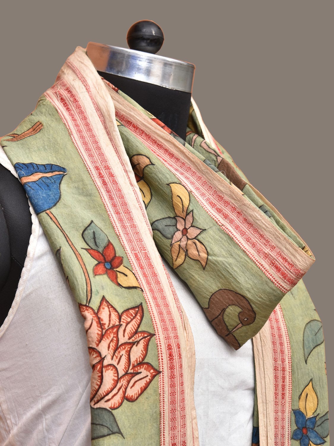 Sea Green Kalamkari Hand Painted Cotton Handloom Dupatta with Floral Design ds3278