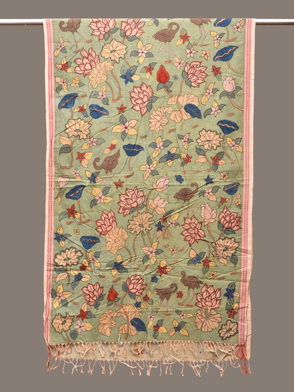 Sea Green Kalamkari Hand Painted Cotton Handloom Dupatta with Floral Design ds3278