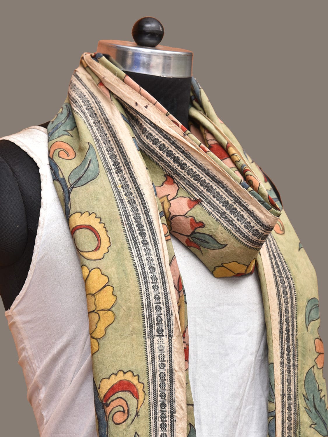 Sea Green Kalamkari Hand Painted Cotton Handloom Dupatta with Floral Design ds3282