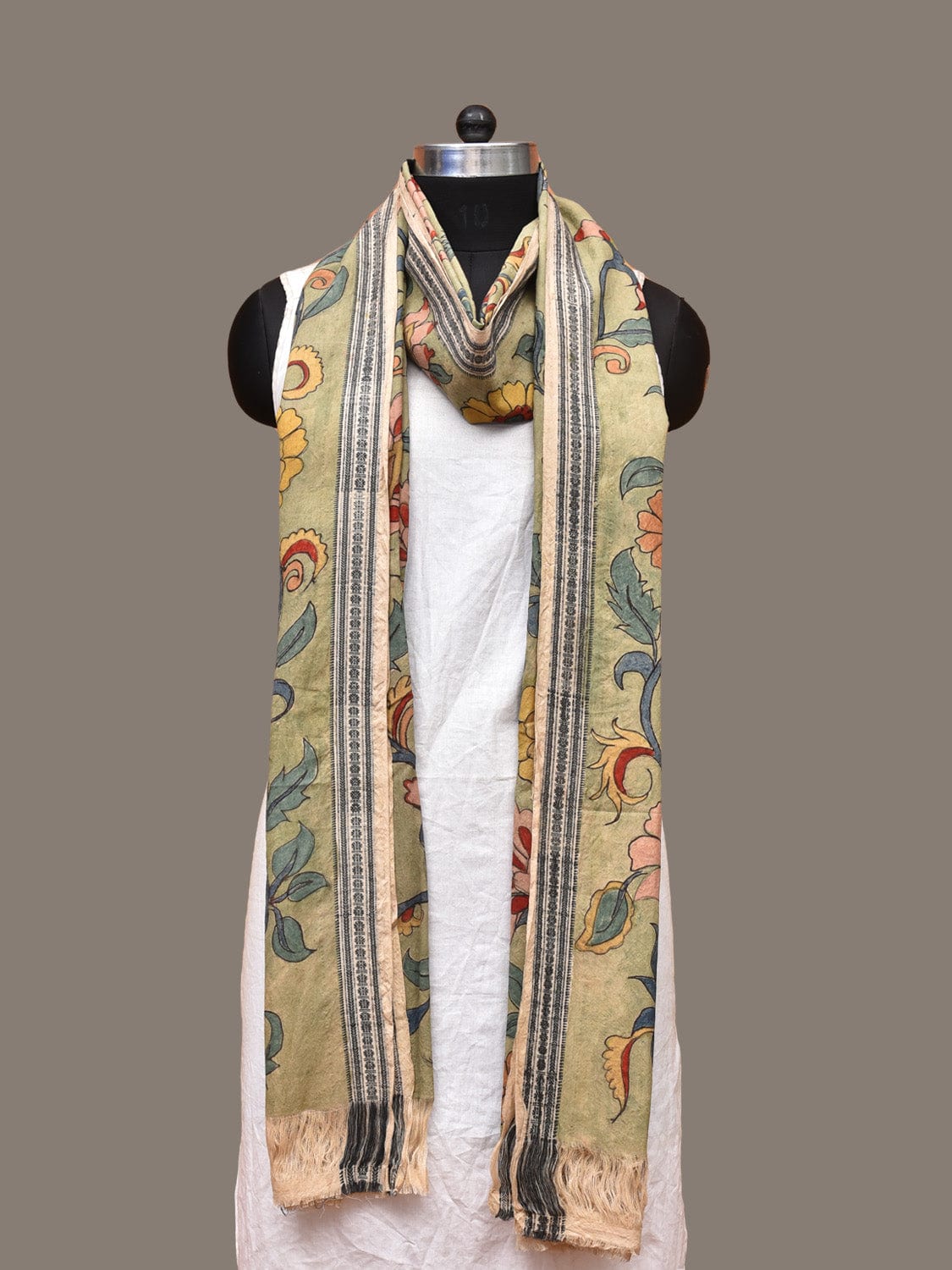 Sea Green Kalamkari Hand Painted Cotton Handloom Dupatta with Floral Design ds3282
